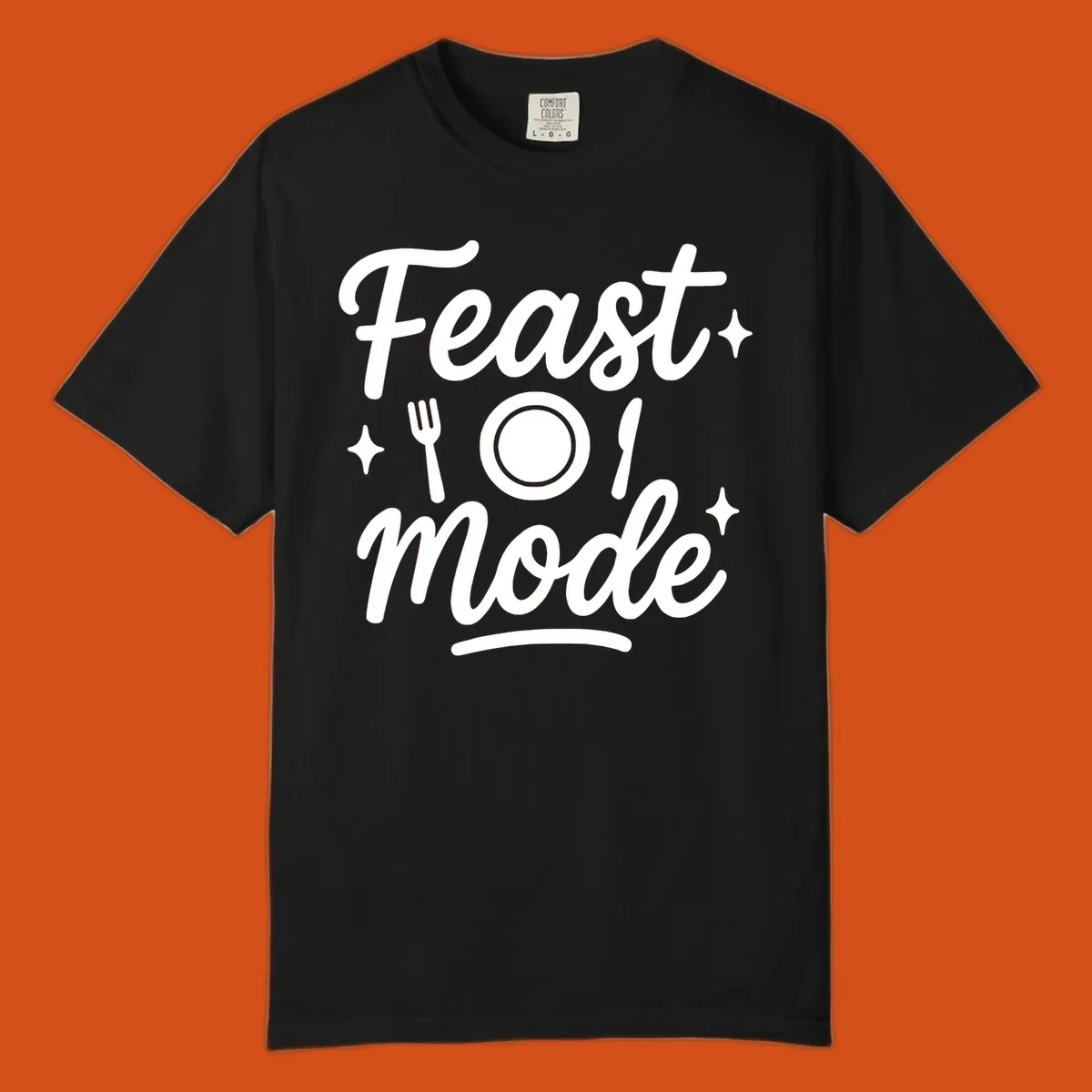 Feast Mode Typography Design with fork, plate, knife, and sparkles.