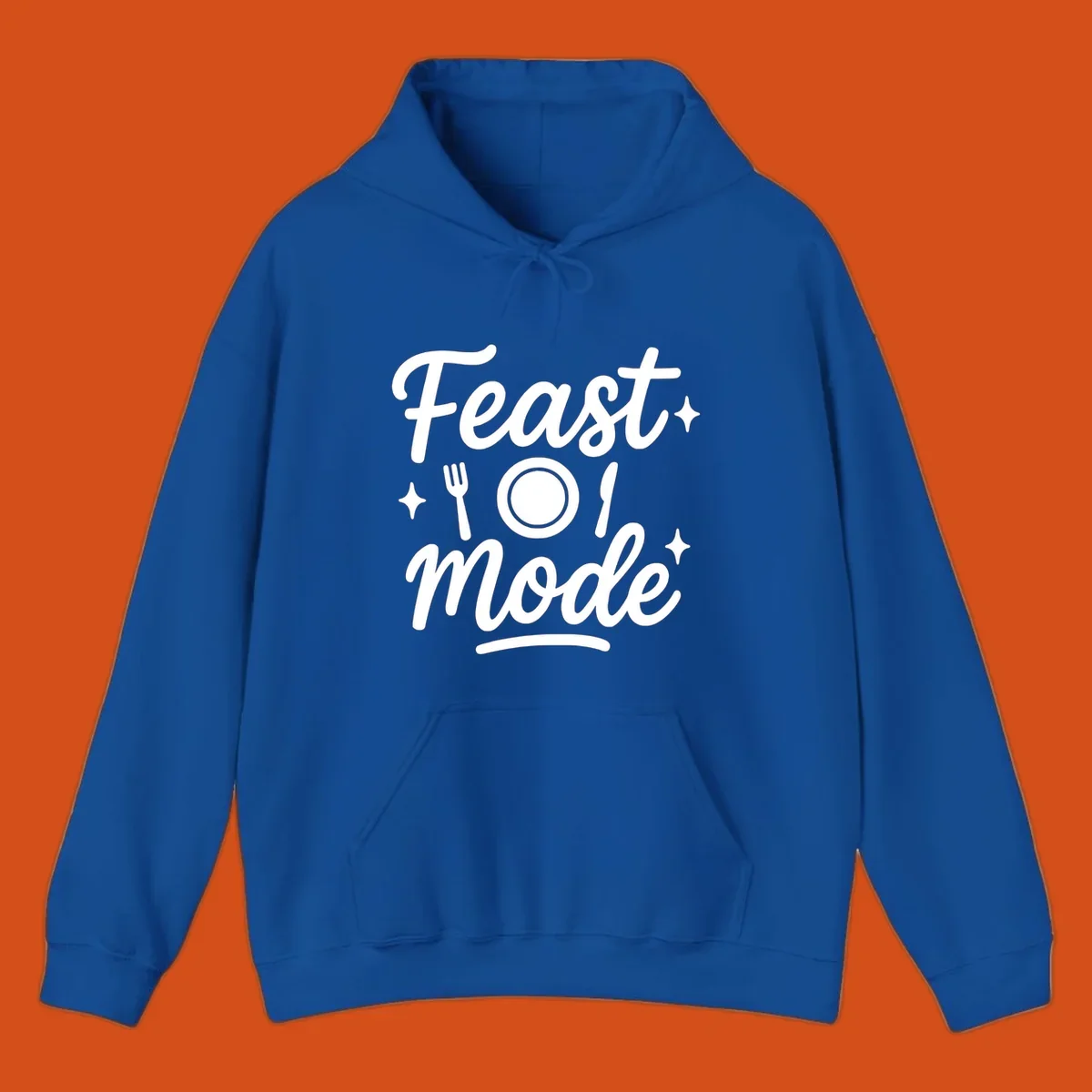 Feast Mode Typography Design with fork, plate, knife, and sparkles.