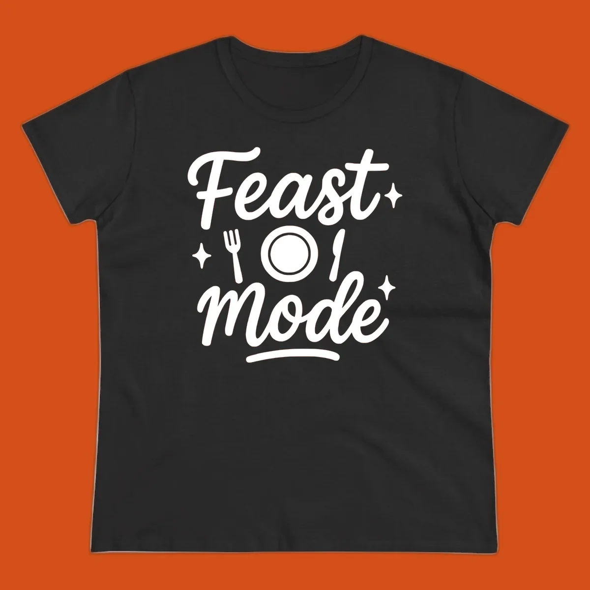Feast Mode Typography Design with fork, plate, knife, and sparkles.