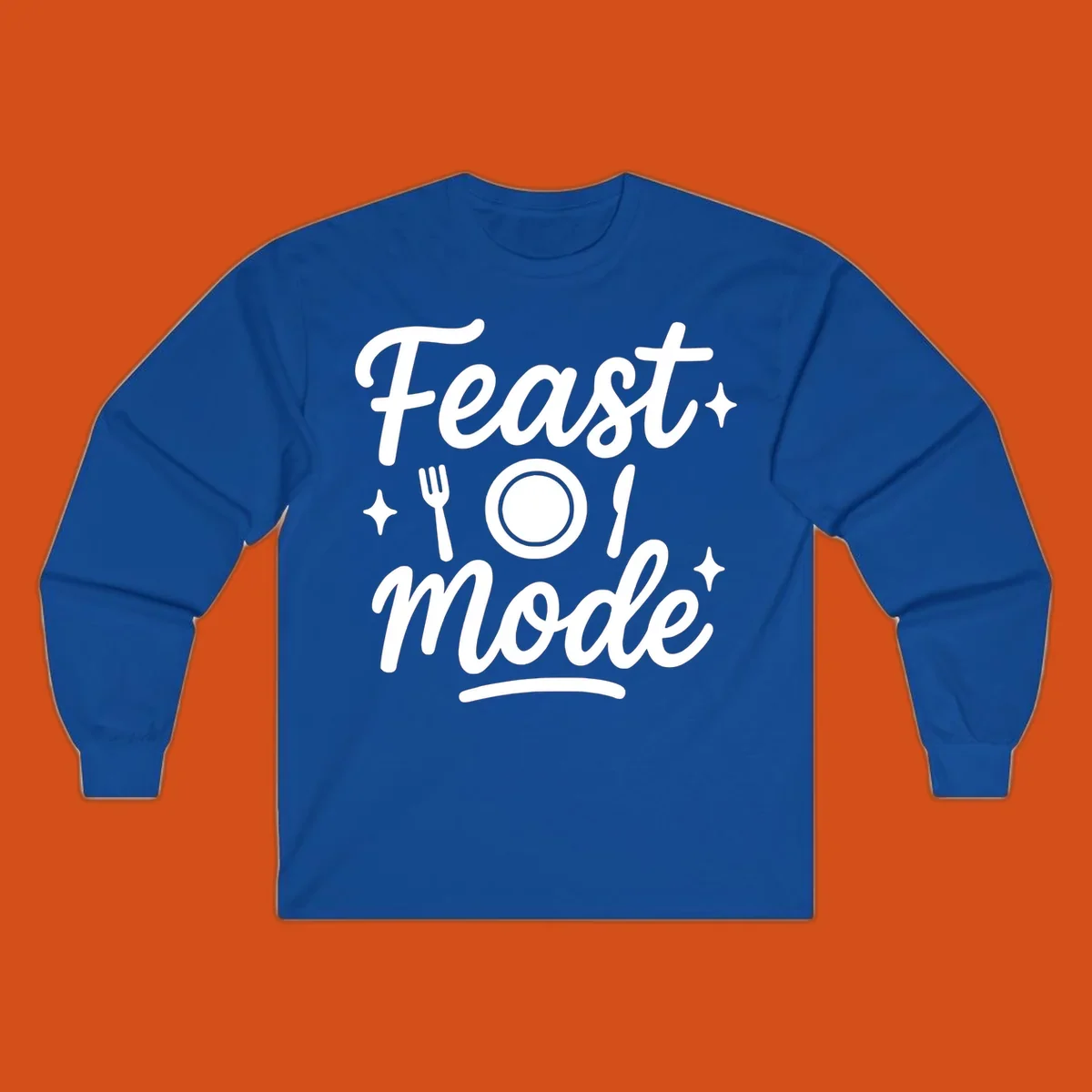 Feast Mode Typography Design with fork, plate, knife, and sparkles.