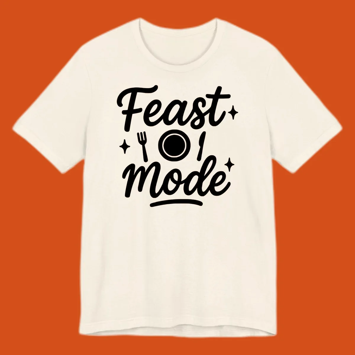 Feast Mode Typography Design with fork, plate, knife, and sparkles.