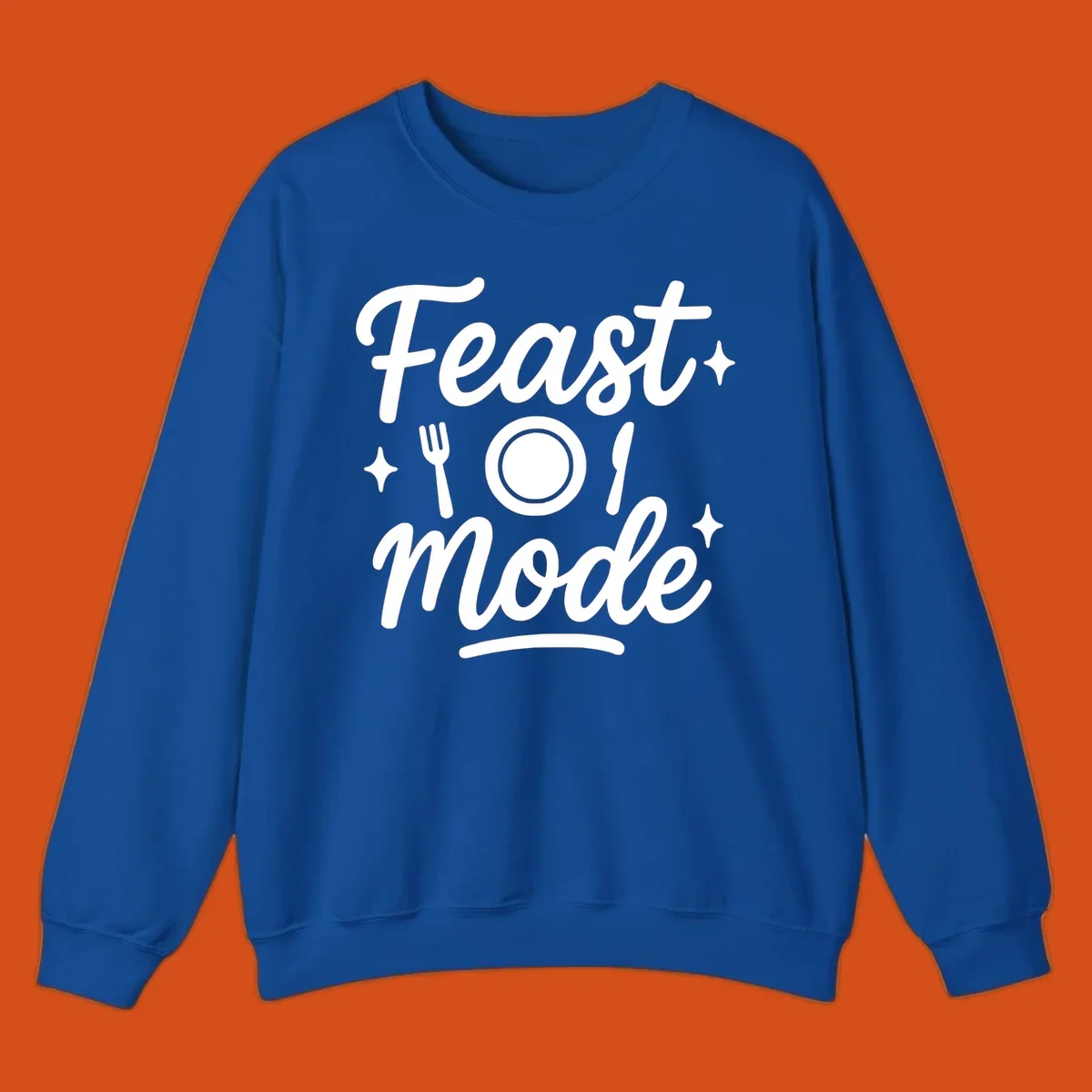 Feast Mode Typography Design with fork, plate, knife, and sparkles.