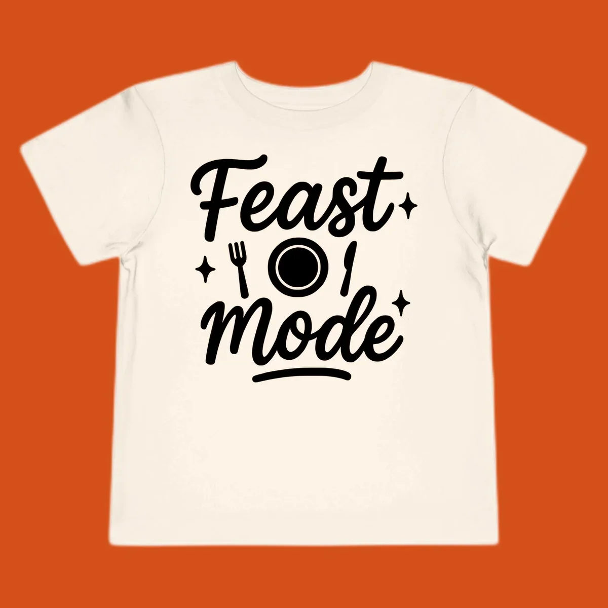 Feast Mode Typography Design with fork, plate, knife, and sparkles.