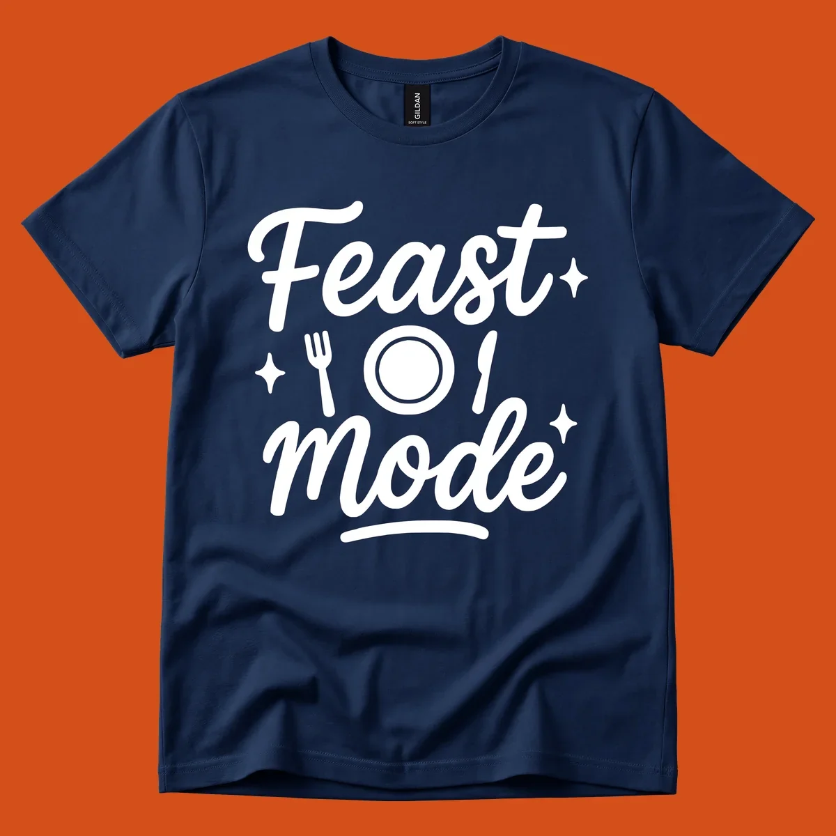 Feast Mode Typography Design with fork, plate, knife, and sparkles.