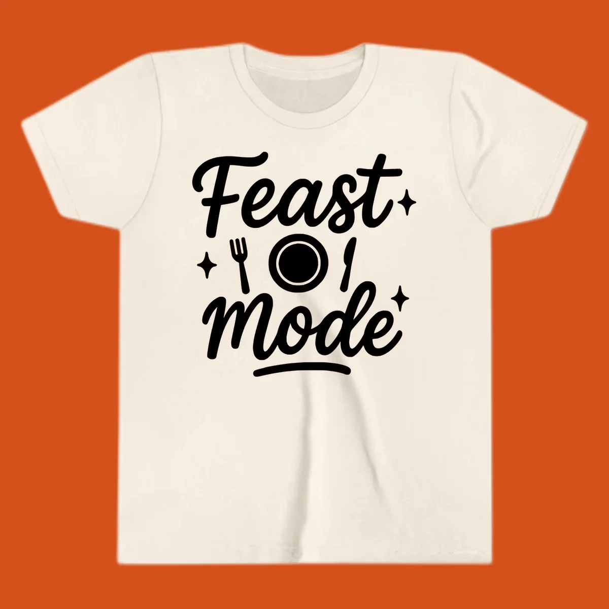 Feast Mode Typography Design with fork, plate, knife, and sparkles.