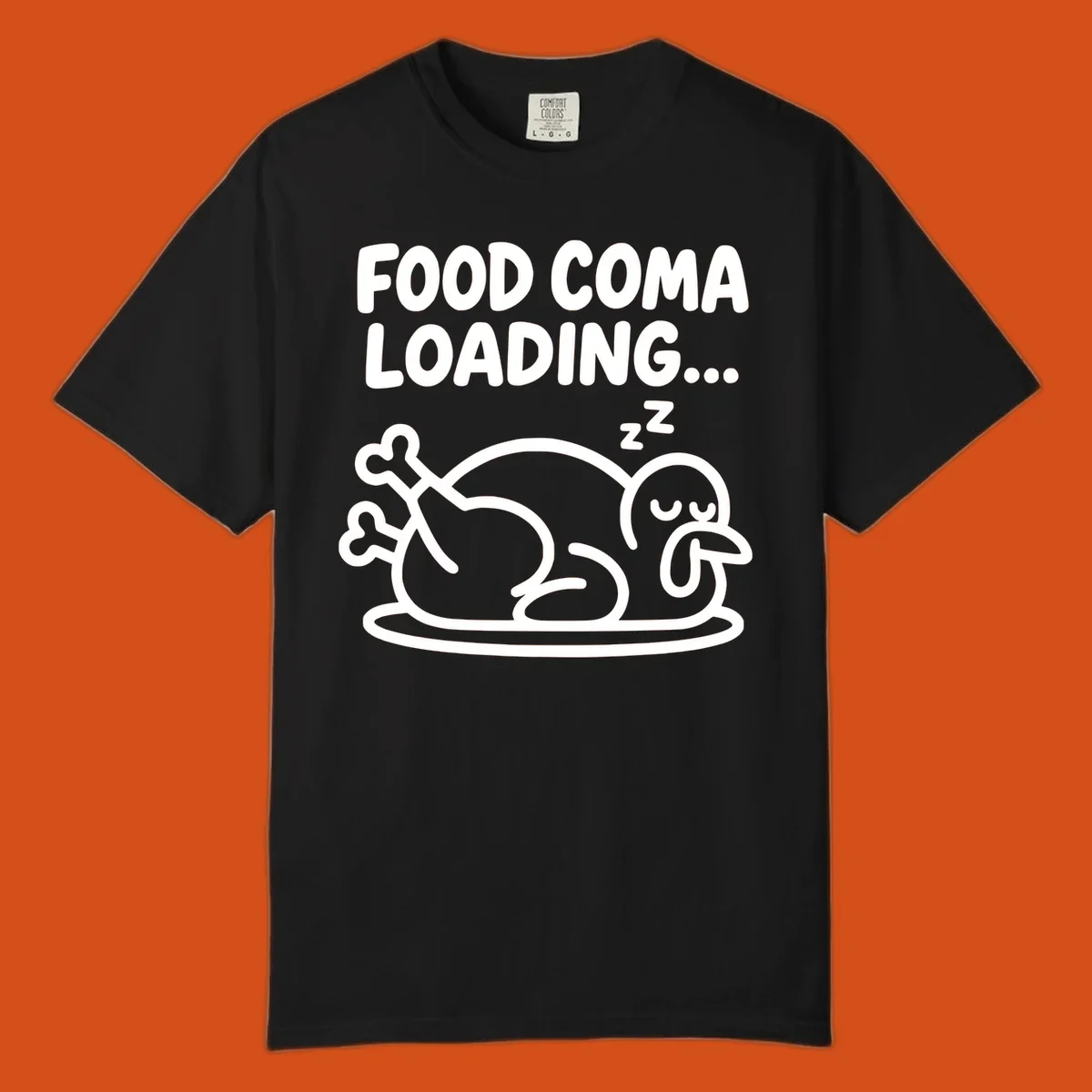 Food coma loading turkey graphic with text and sleeping turkey illustration