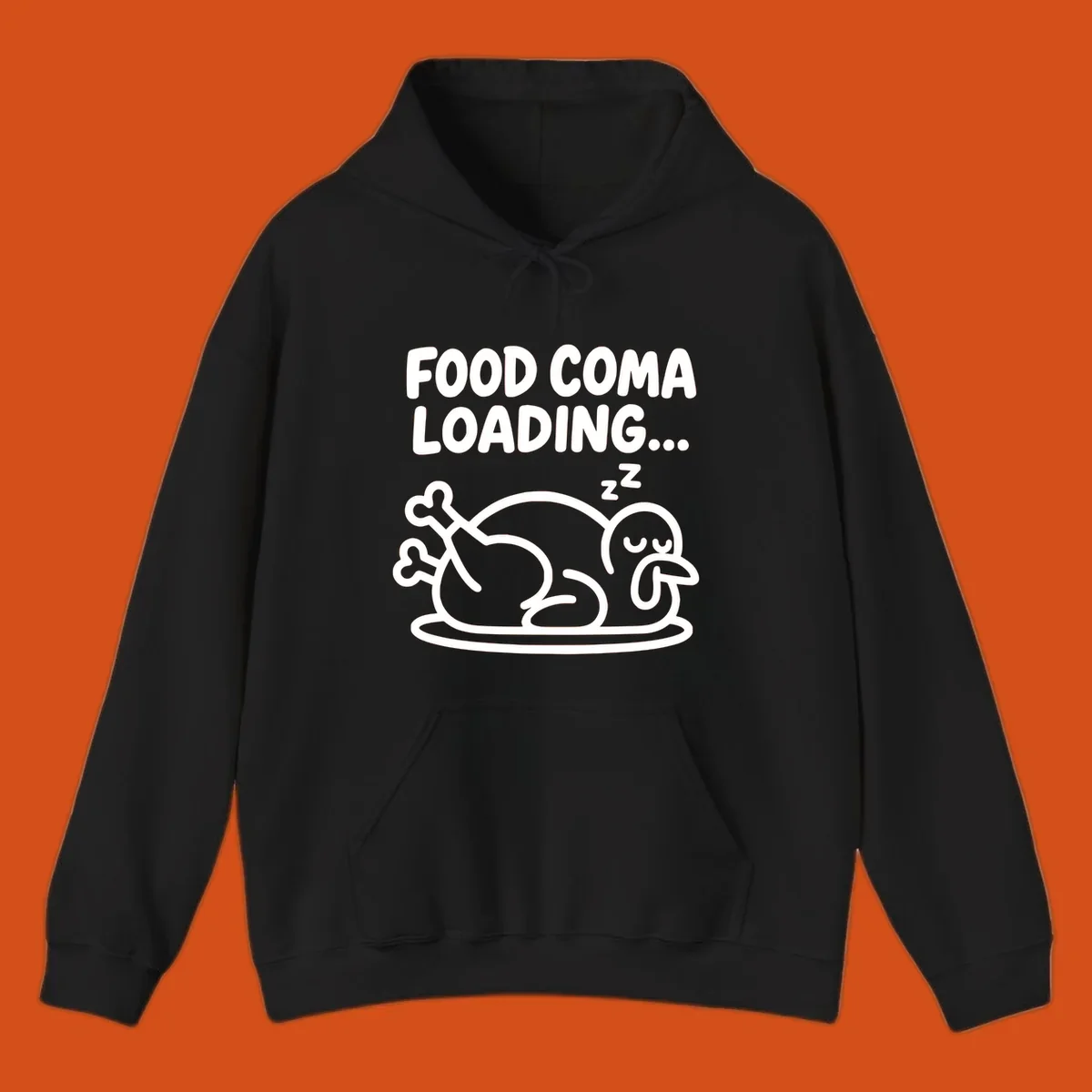 Food coma loading turkey graphic with text and sleeping turkey illustration