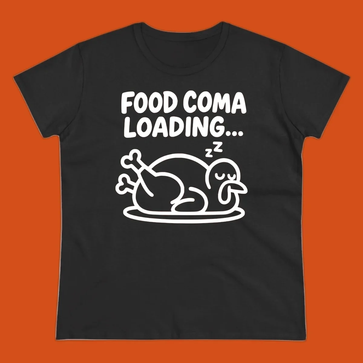 Food coma loading turkey graphic with text and sleeping turkey illustration