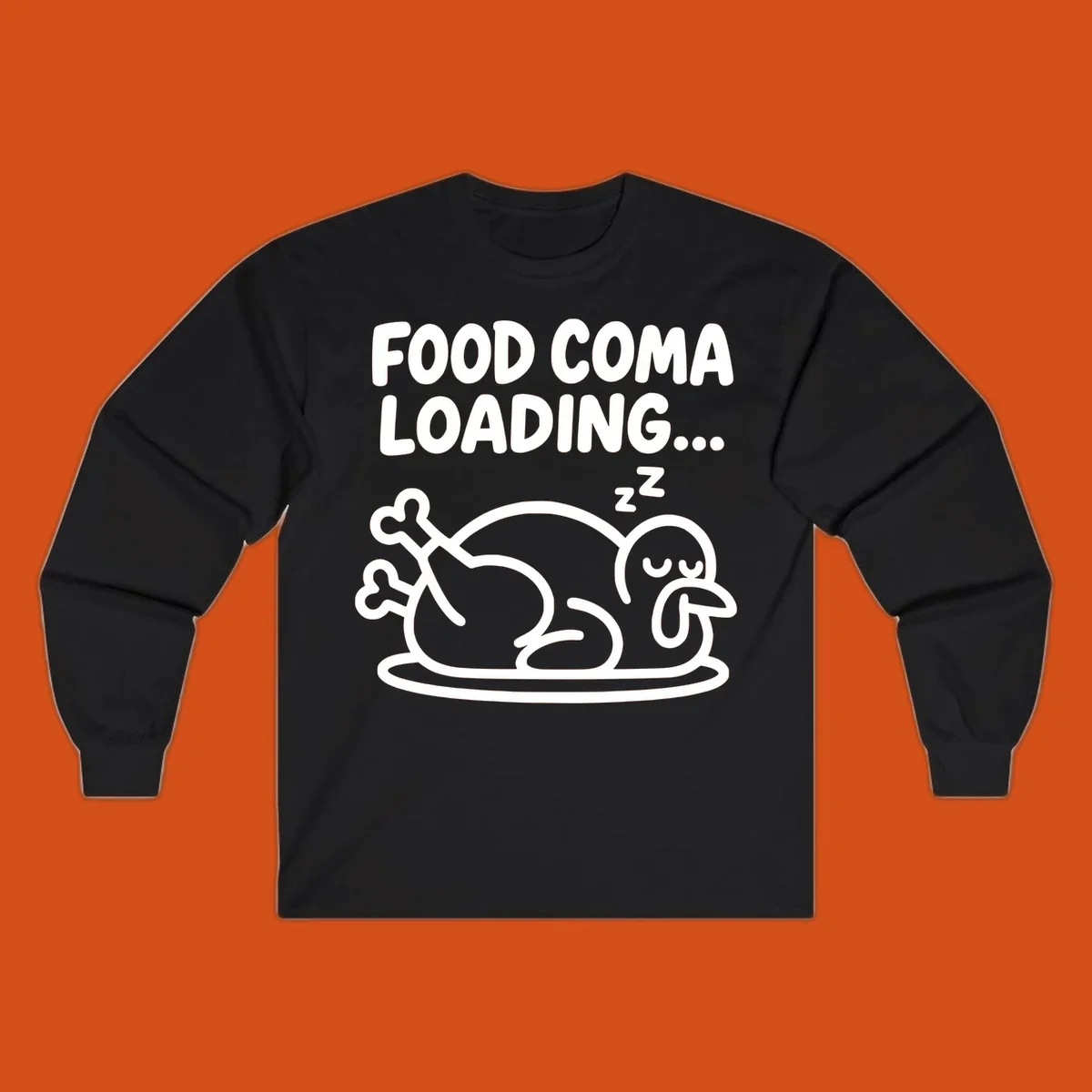 Food coma loading turkey graphic with text and sleeping turkey illustration
