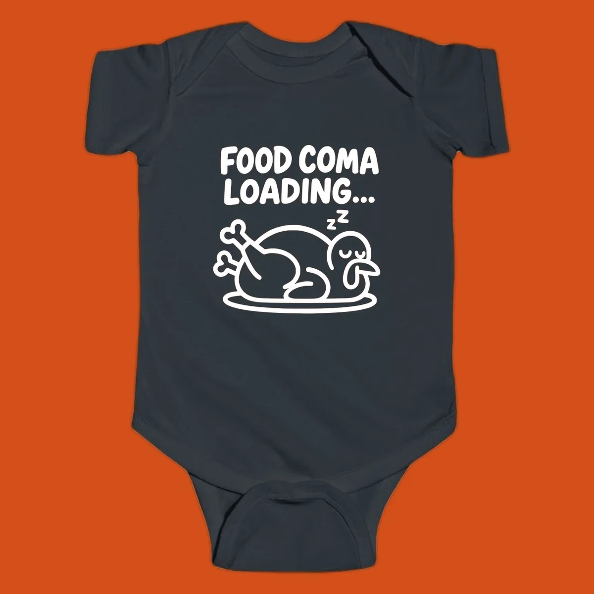 Food coma loading turkey graphic with text and sleeping turkey illustration