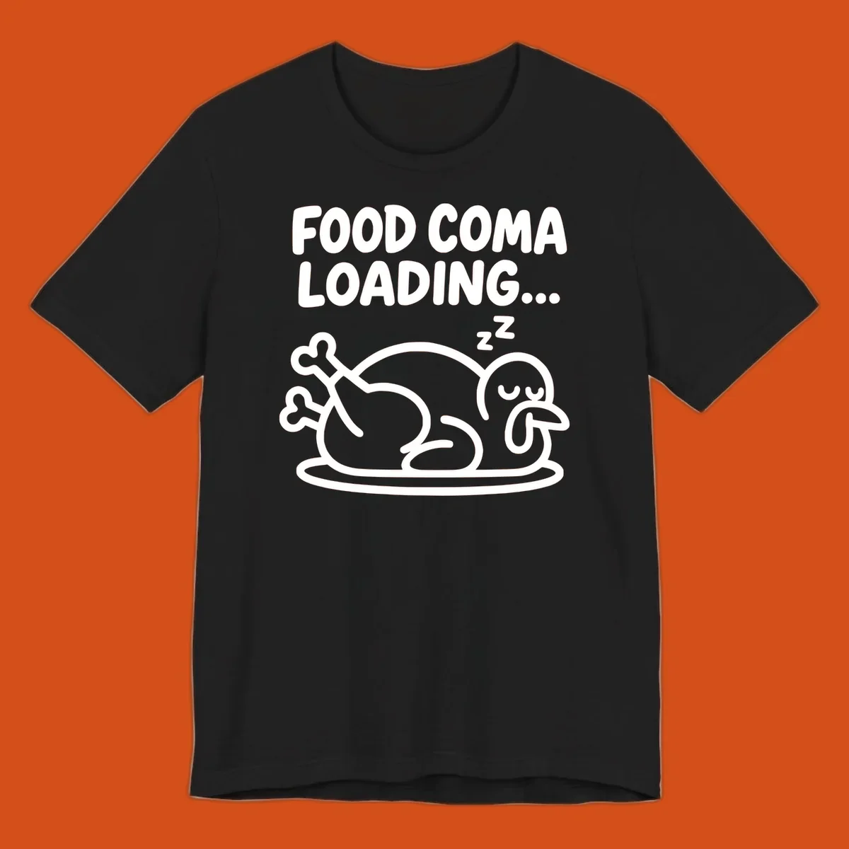 Food coma loading turkey graphic with text and sleeping turkey illustration