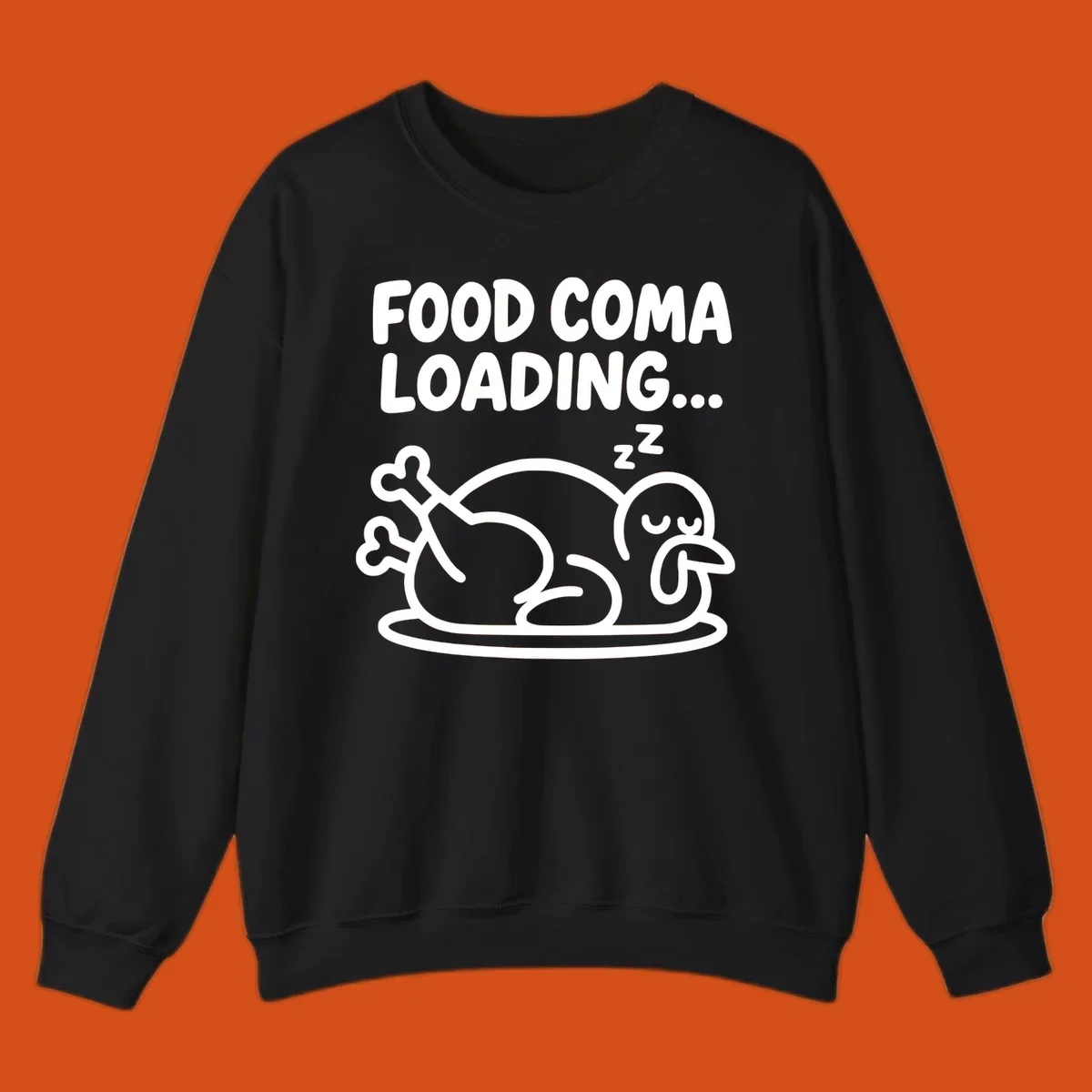 Food coma loading turkey graphic with text and sleeping turkey illustration