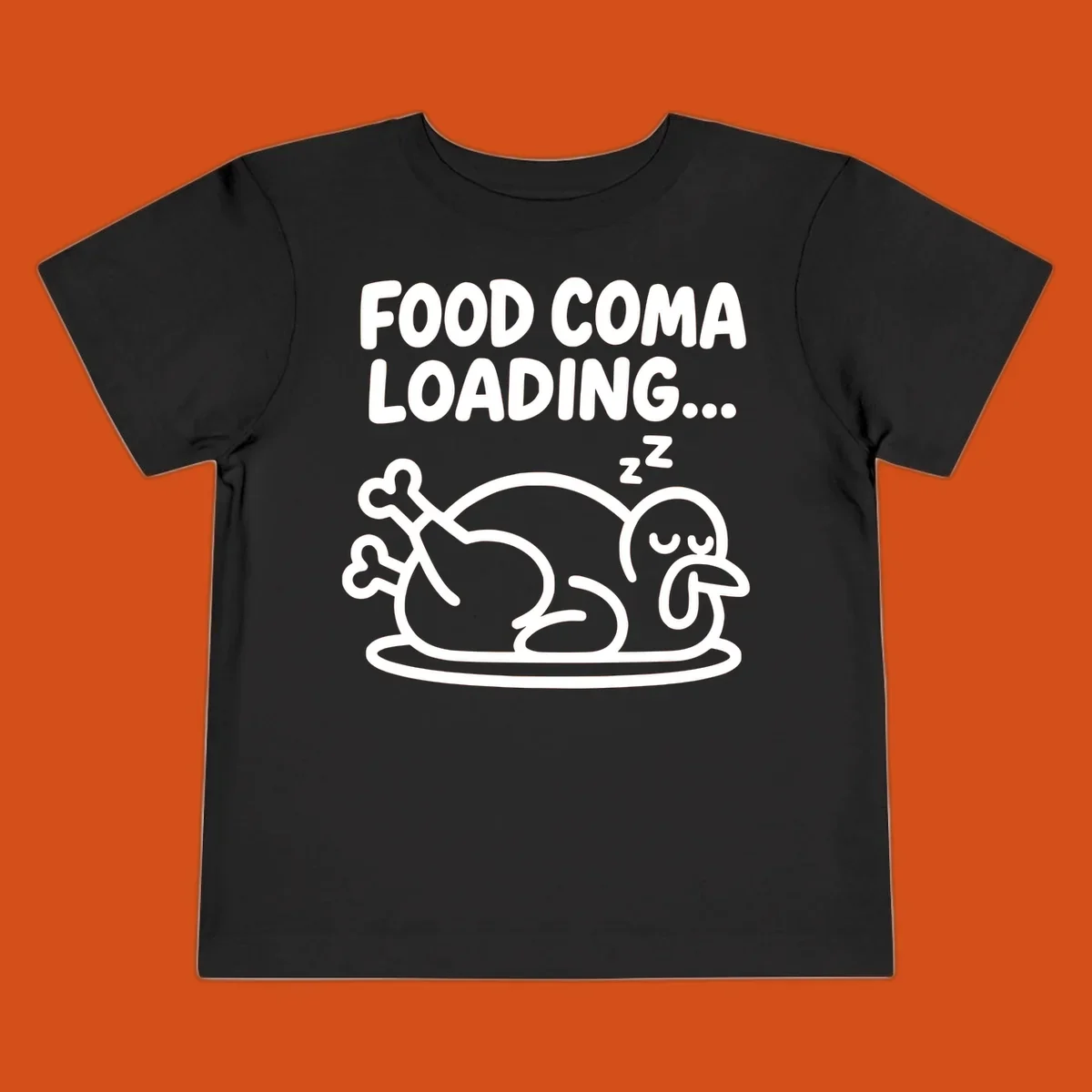 Food coma loading turkey graphic with text and sleeping turkey illustration