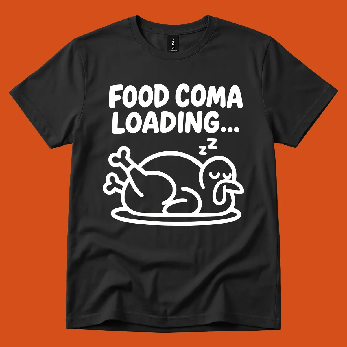 Food coma loading turkey graphic with text and sleeping turkey illustration