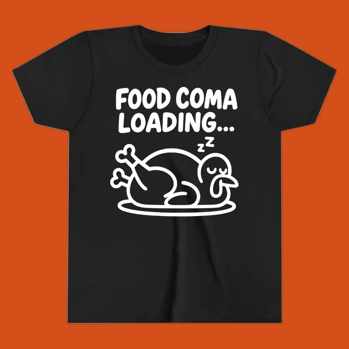 Food coma loading turkey graphic with text and sleeping turkey illustration