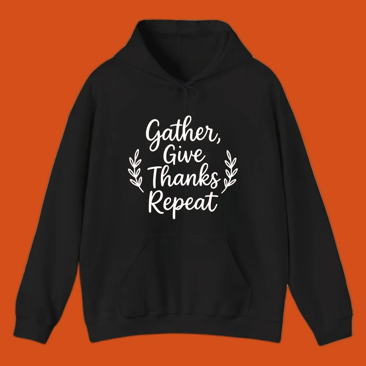 Thanksgiving gather repeat phrase in white typography with leaf accents.