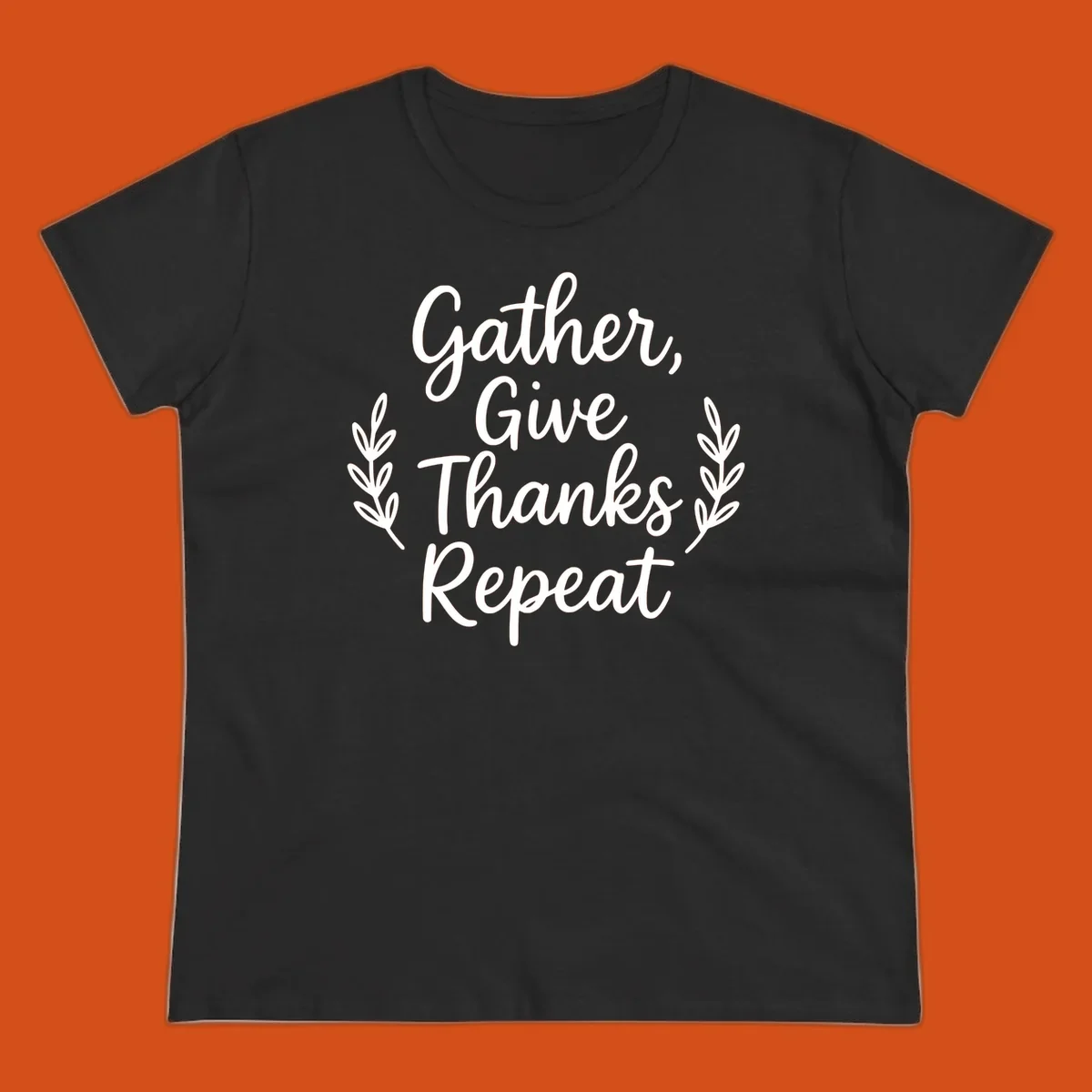 Thanksgiving gather repeat phrase in white typography with leaf accents.