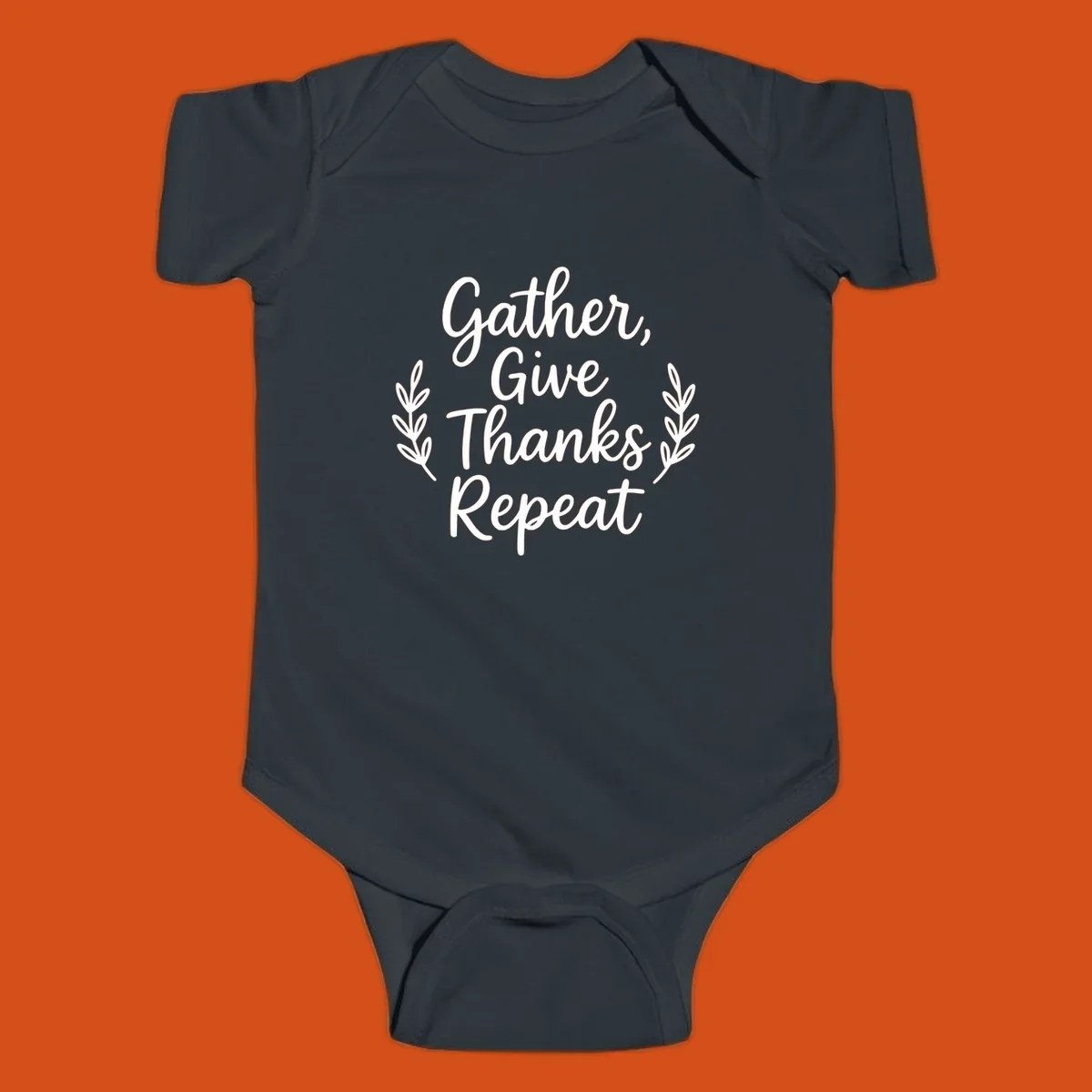 Thanksgiving gather repeat phrase in white typography with leaf accents.