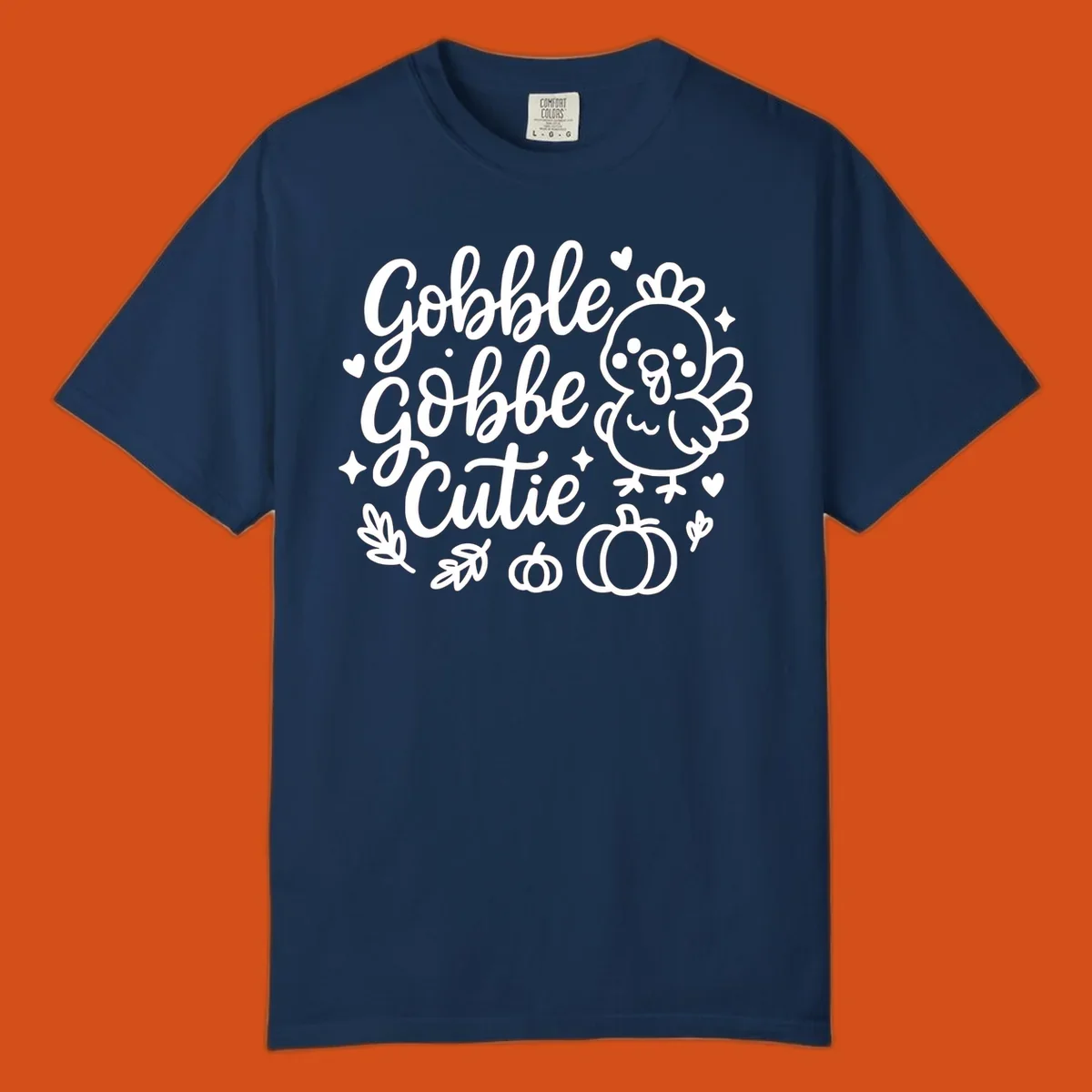 Gobble Gobble Cutie Thanksgiving turkey and pumpkin design.