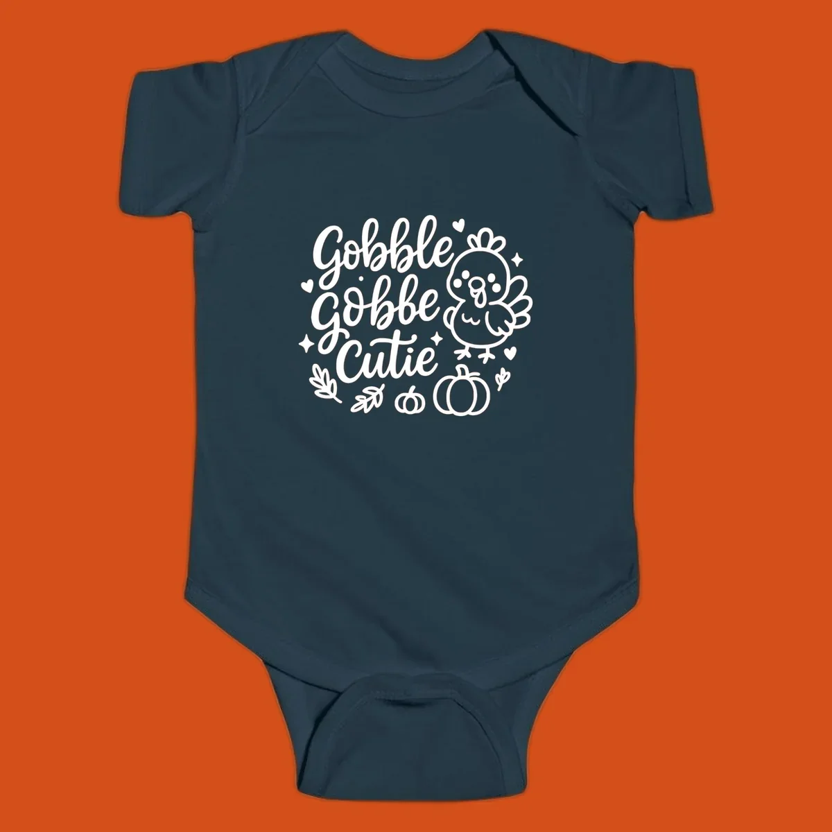 Gobble Gobble Cutie Thanksgiving turkey and pumpkin design.