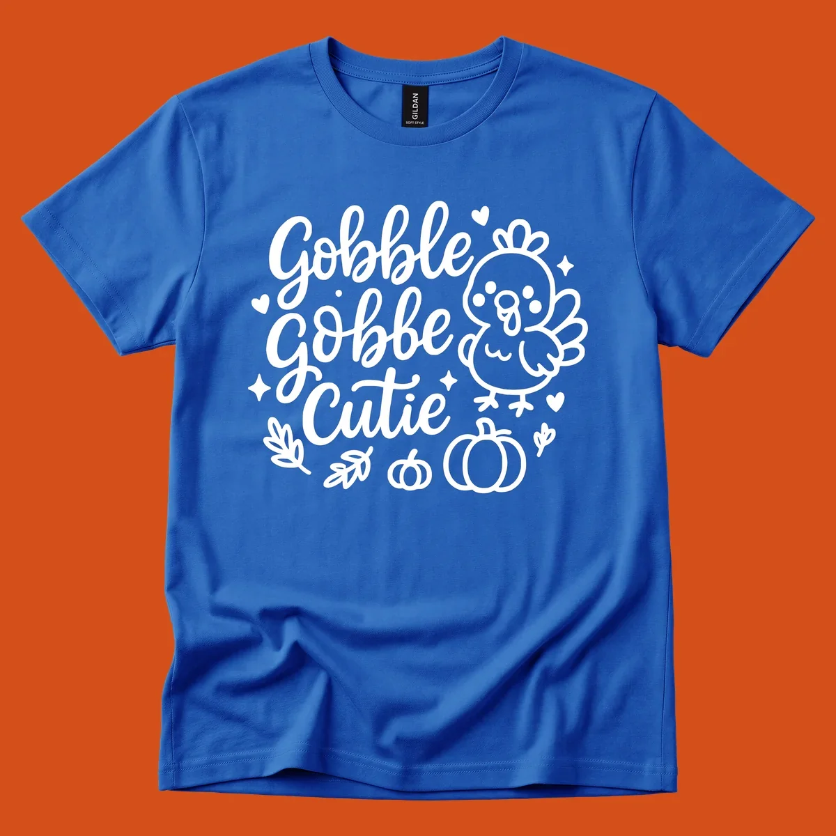 Gobble Gobble Cutie Thanksgiving turkey and pumpkin design.