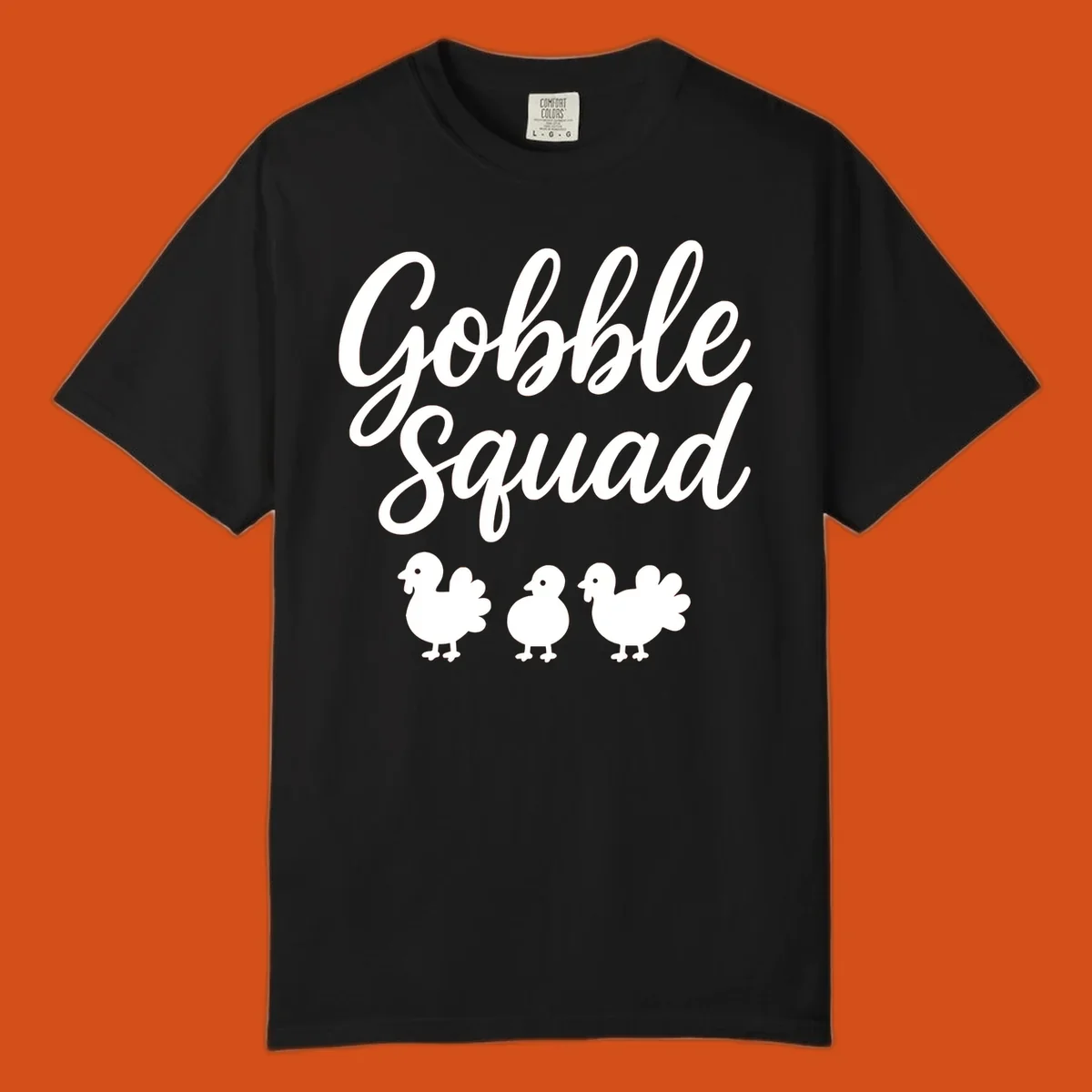 Gobble Squad Thanksgiving design with script text and cute turkey illustrations.