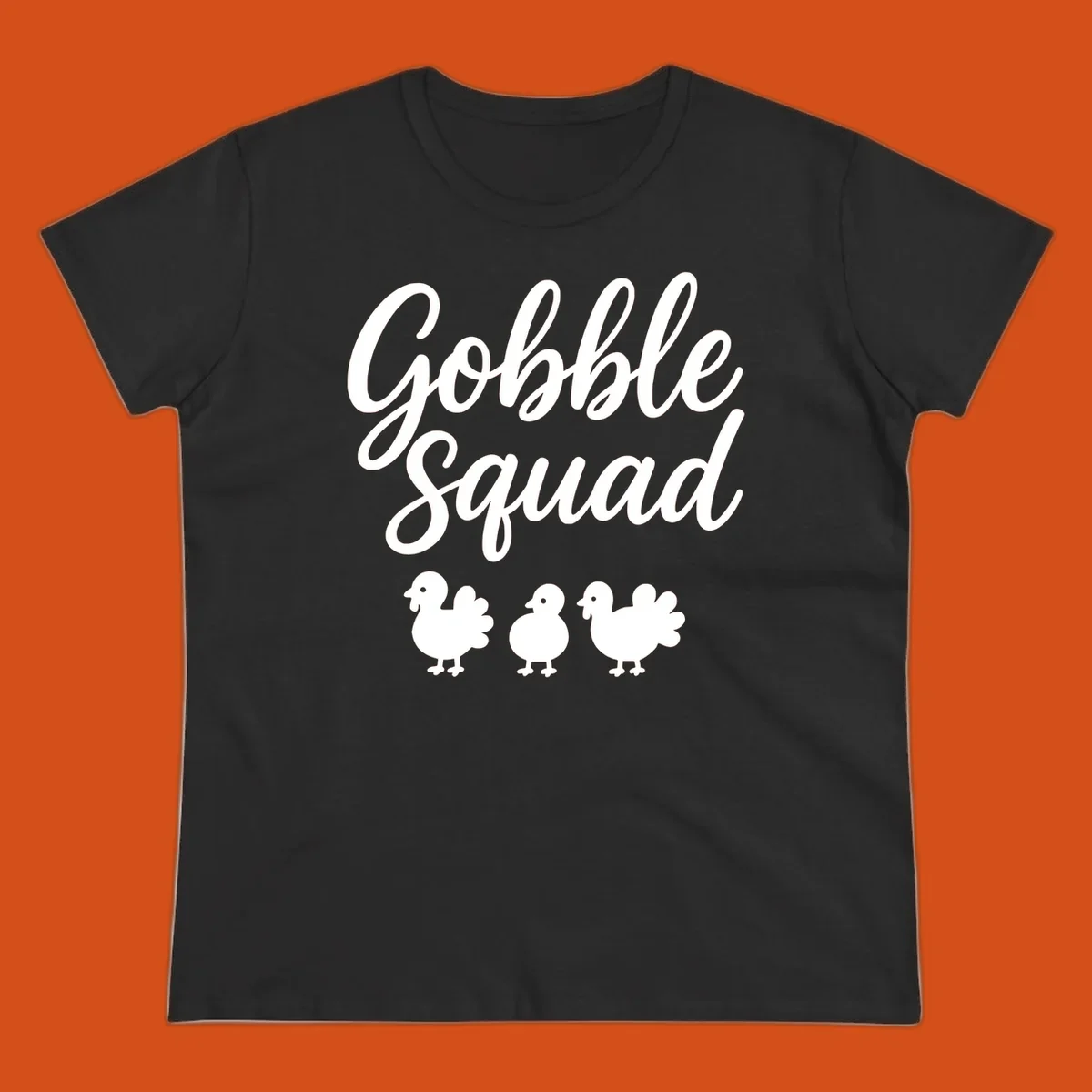 Gobble Squad Thanksgiving design with script text and cute turkey illustrations.