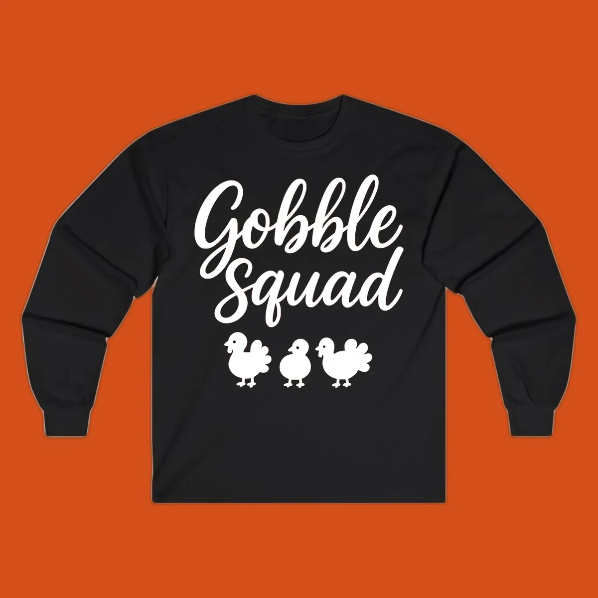 Gobble Squad Thanksgiving design with script text and cute turkey illustrations.