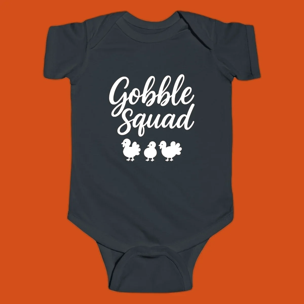 Gobble Squad Thanksgiving design with script text and cute turkey illustrations.