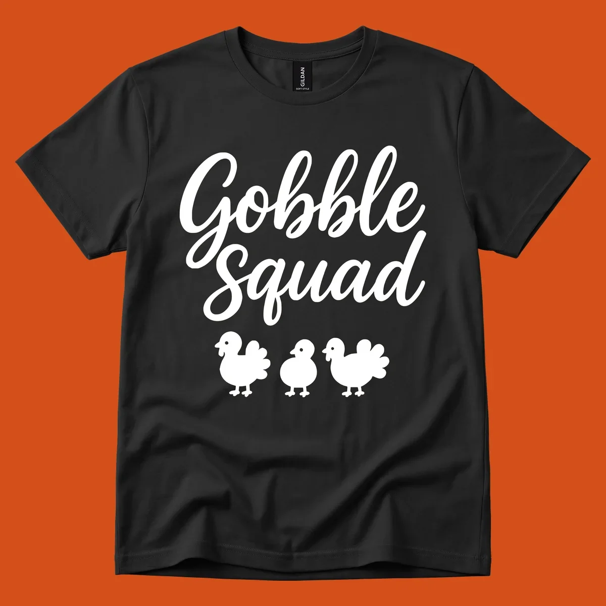 Gobble Squad Thanksgiving design with script text and cute turkey illustrations.