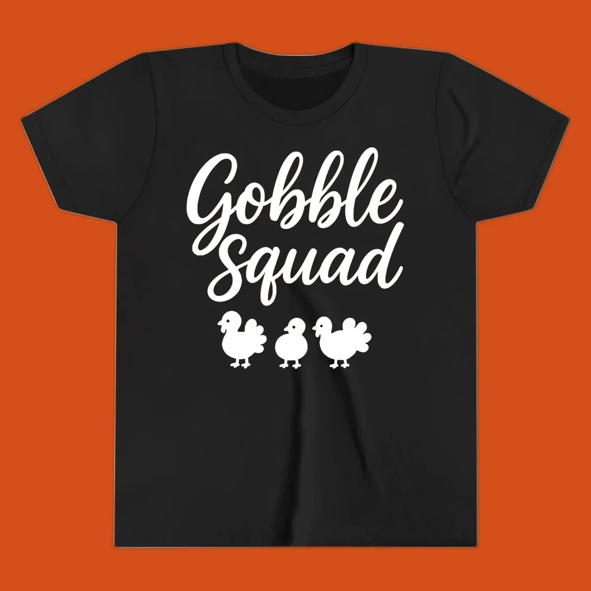 Gobble Squad Thanksgiving design with script text and cute turkey illustrations.