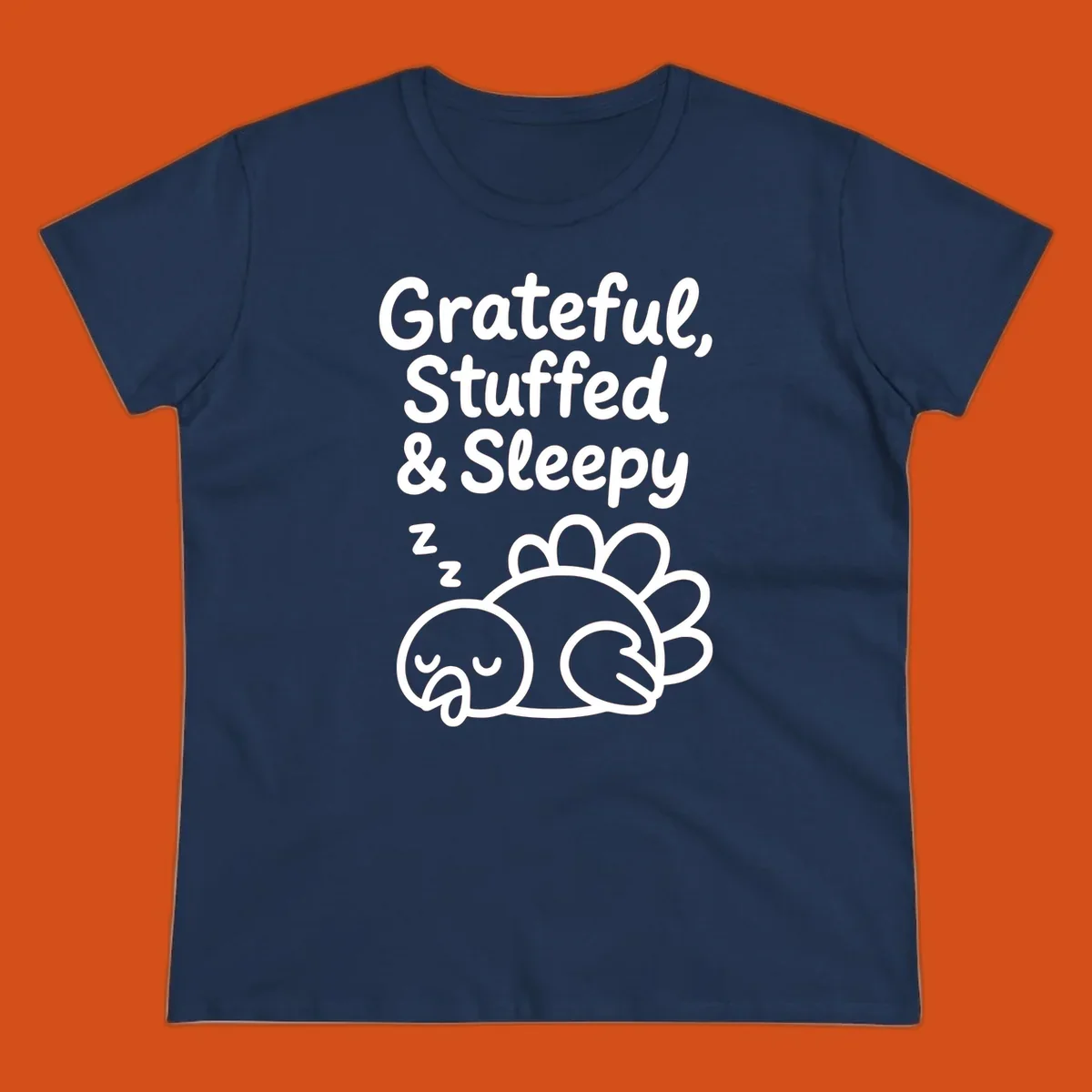 Grateful, Stuffed & Sleepy text with a sleeping turkey, representing the thanksgiving-food-coma.