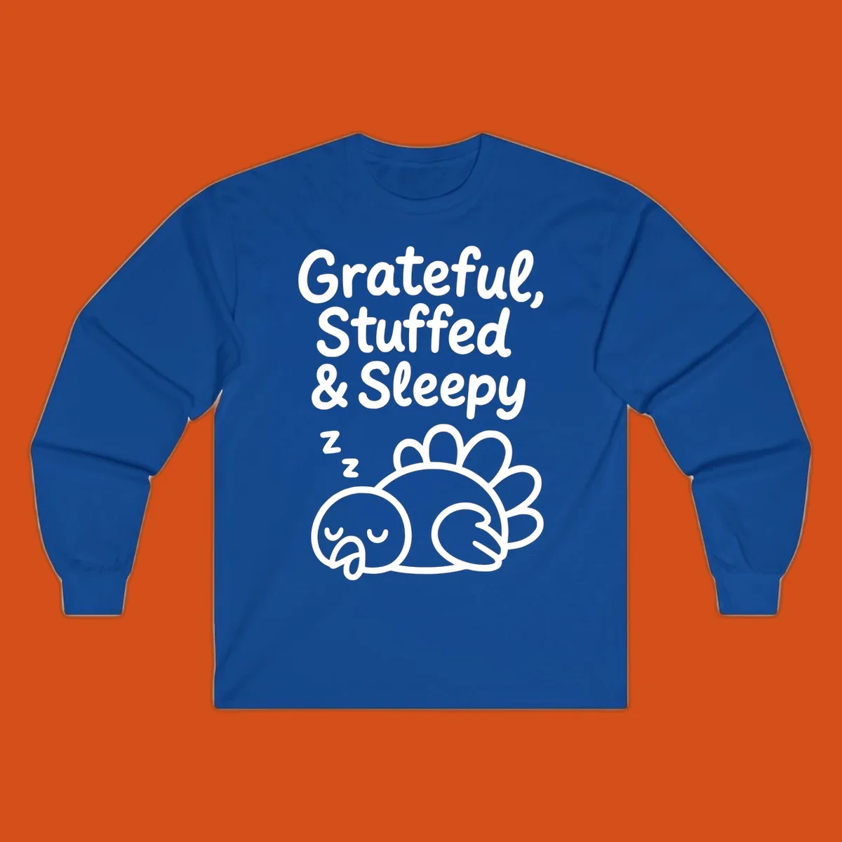 Grateful, Stuffed & Sleepy text with a sleeping turkey, representing the thanksgiving-food-coma.
