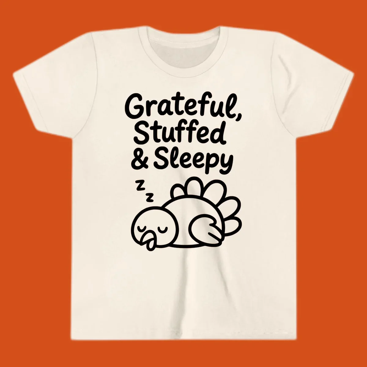 Grateful, Stuffed & Sleepy text with a sleeping turkey, representing the thanksgiving-food-coma.