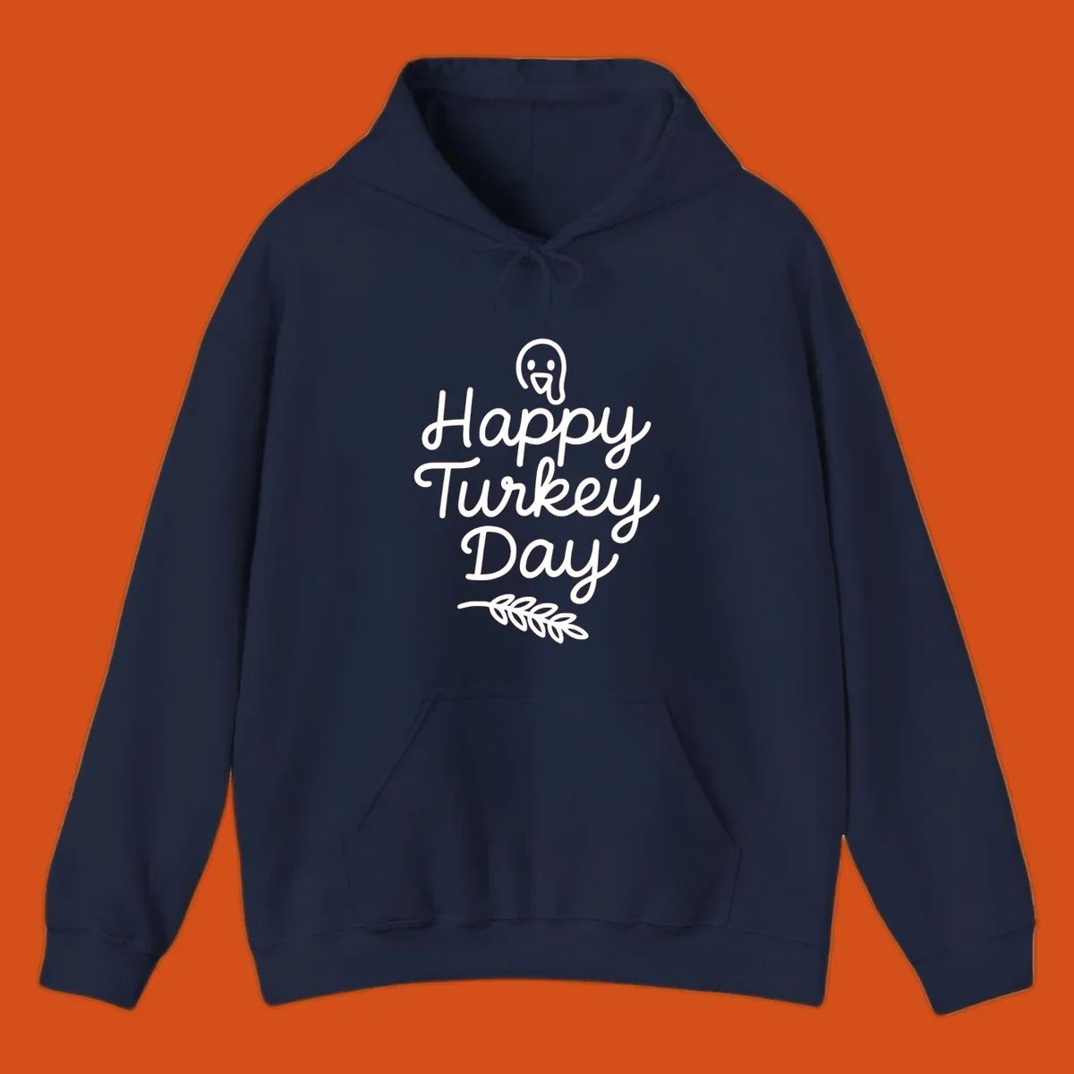 Happy Turkey Day text with a cute cartoon turkey and leafy branch graphic.