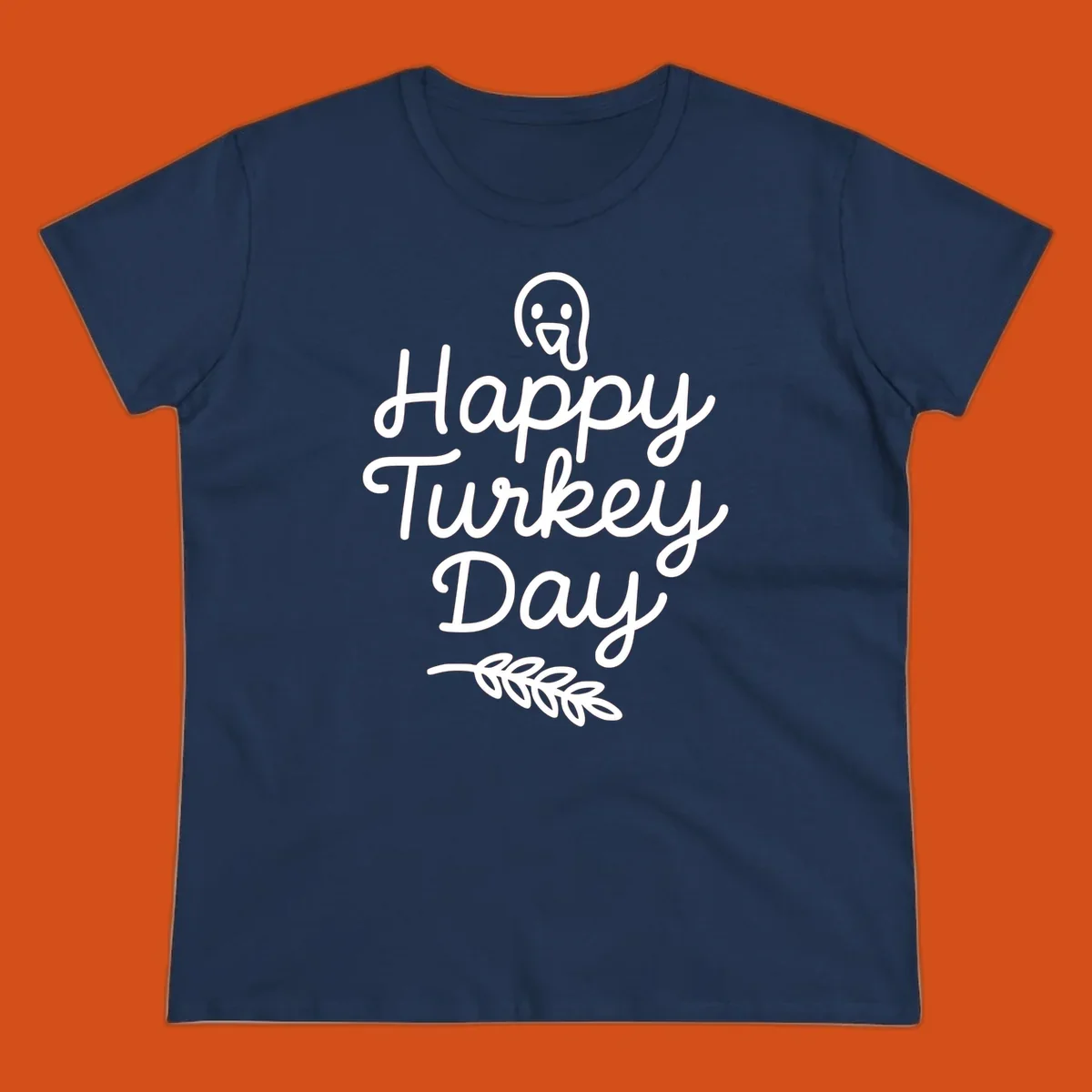 Happy Turkey Day text with a cute cartoon turkey and leafy branch graphic.