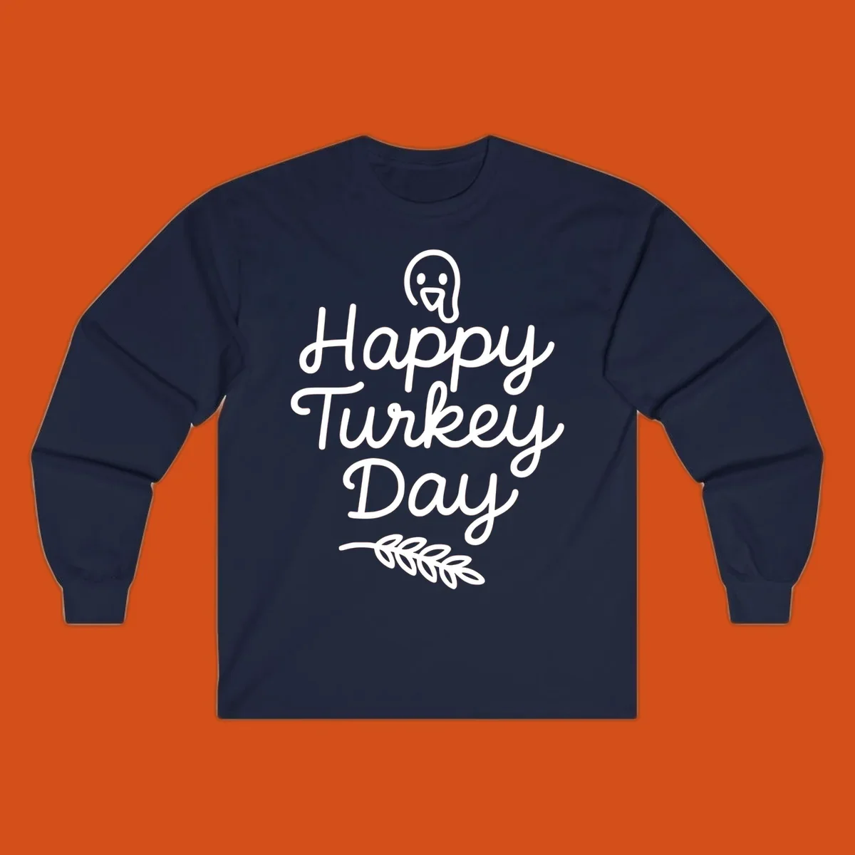 Happy Turkey Day text with a cute cartoon turkey and leafy branch graphic.