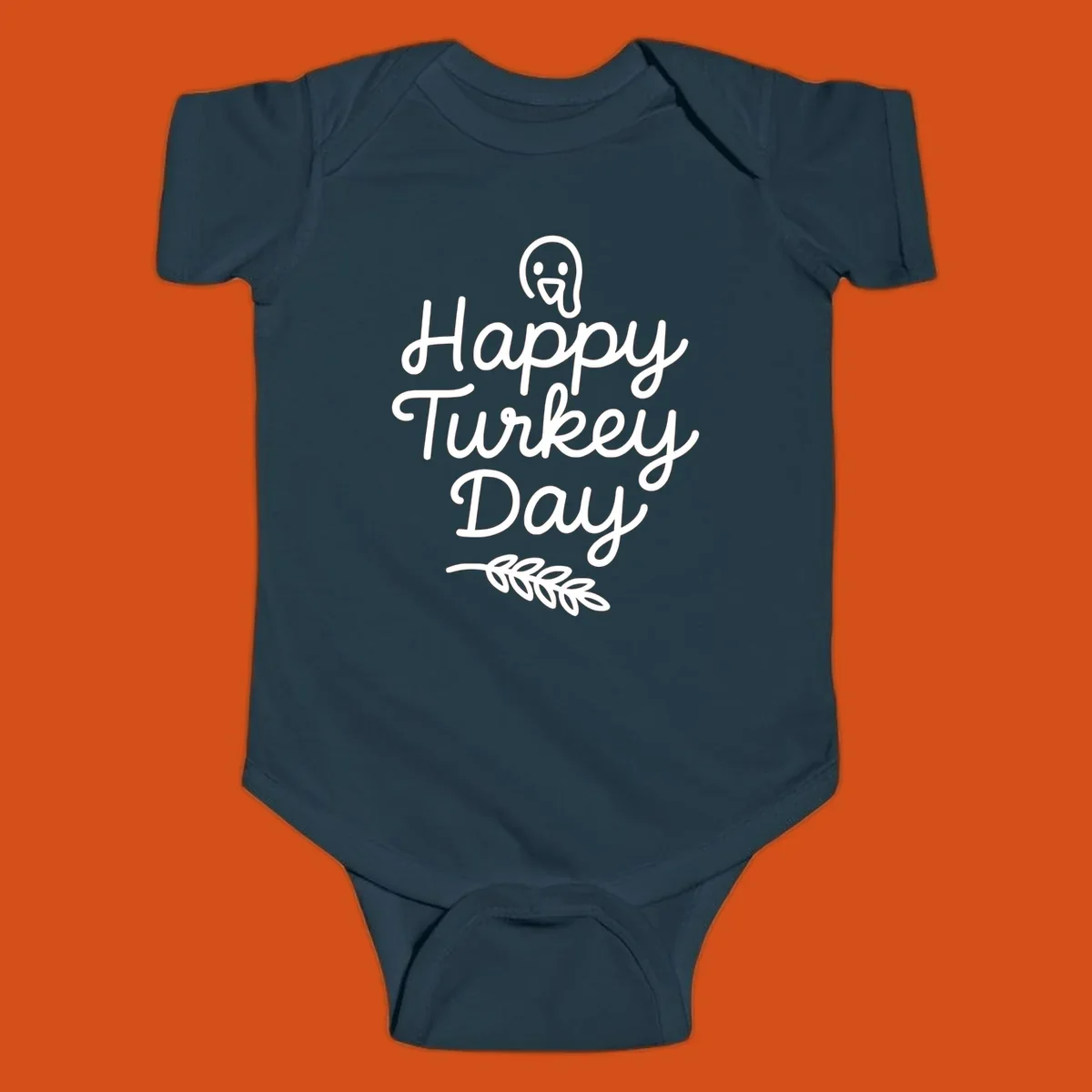 Happy Turkey Day text with a cute cartoon turkey and leafy branch graphic.