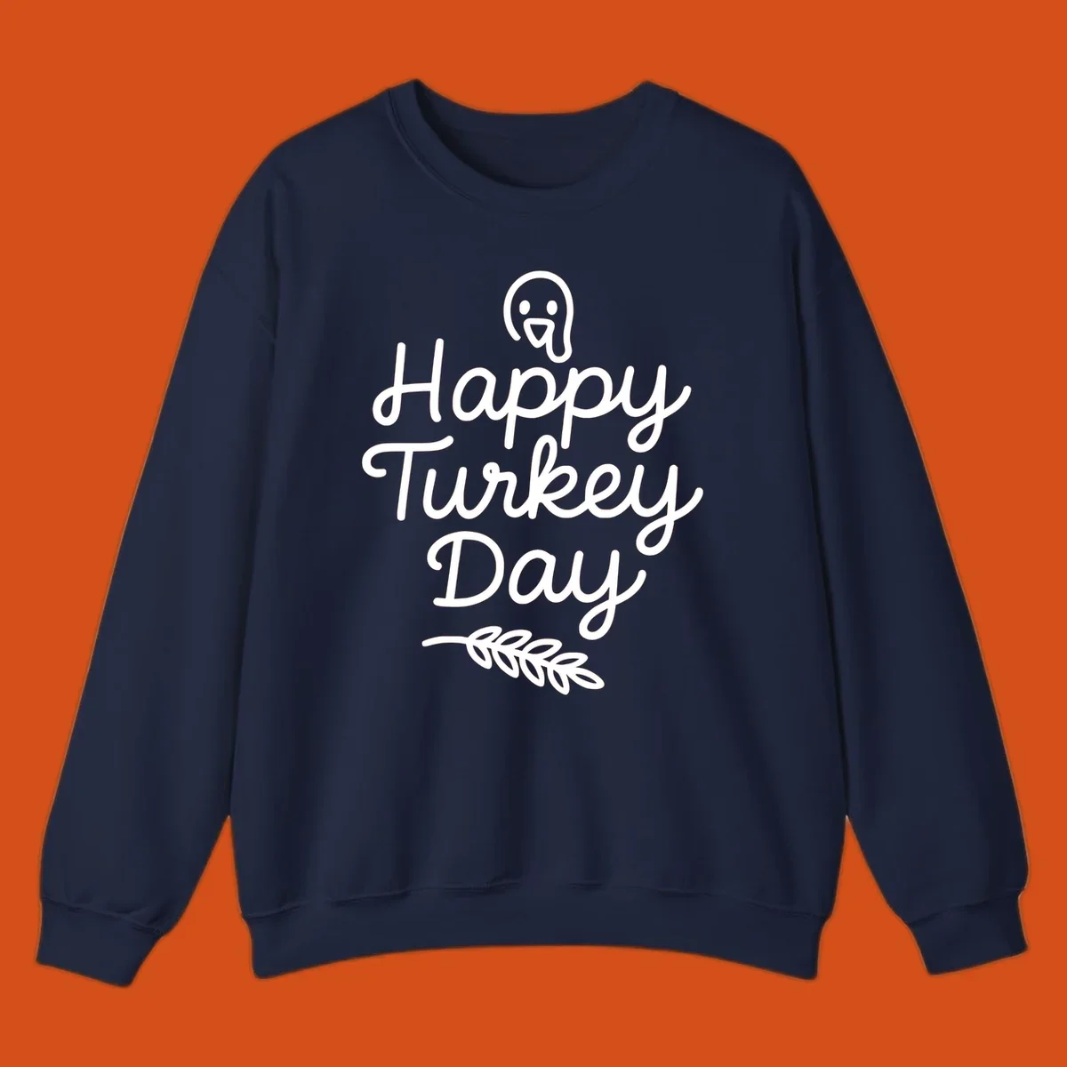 Happy Turkey Day text with a cute cartoon turkey and leafy branch graphic.