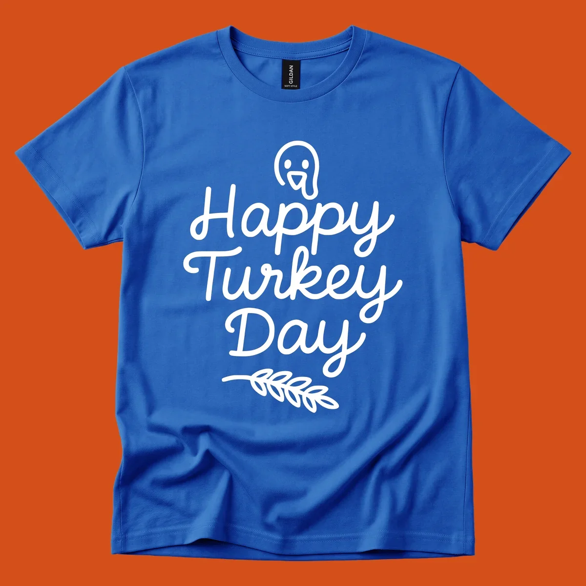 Happy Turkey Day text with a cute cartoon turkey and leafy branch graphic.