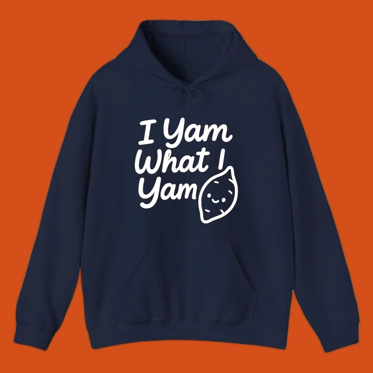 I Yam What I Yam Thanksgiving design with a cute sweet potato illustration and text.