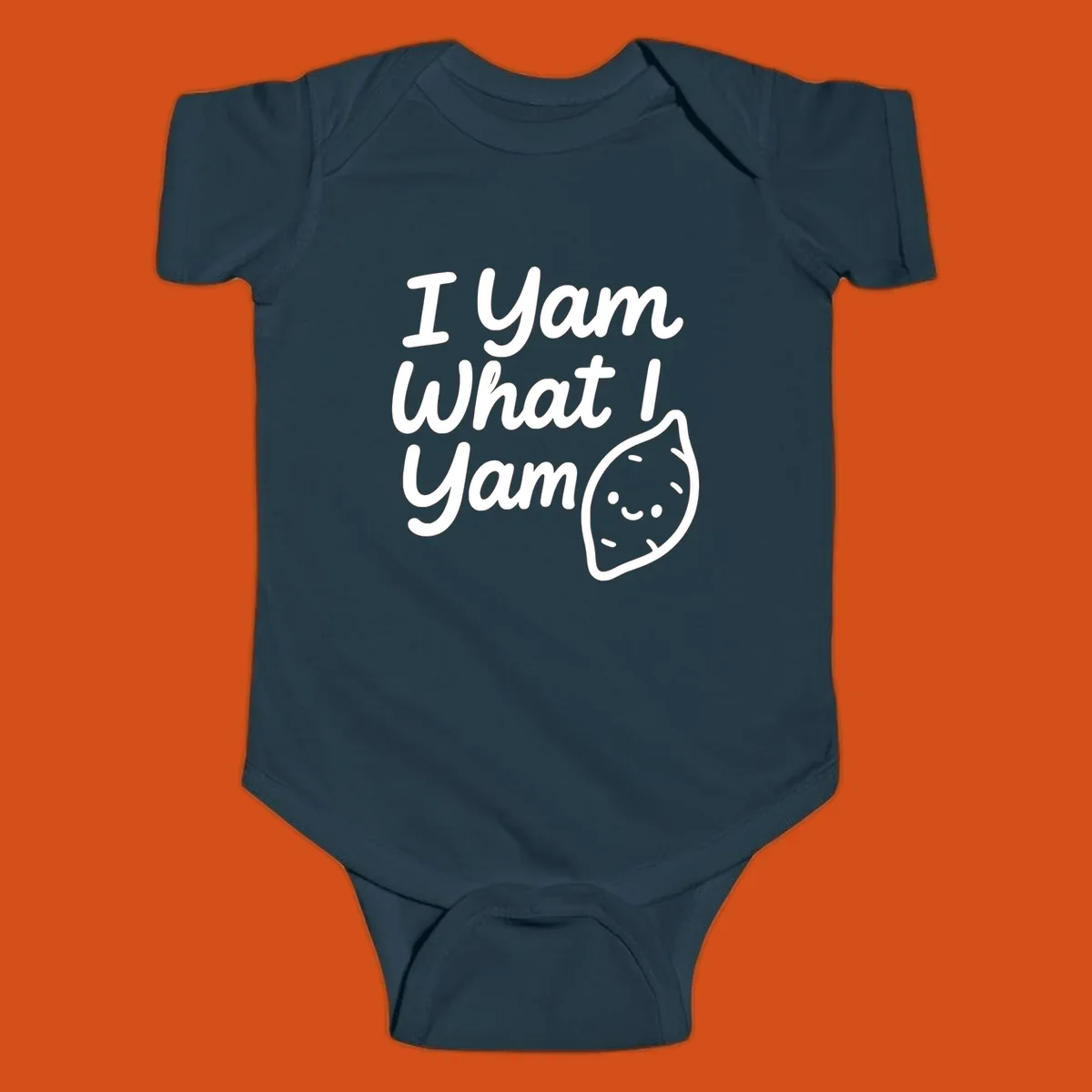 I Yam What I Yam Thanksgiving design with a cute sweet potato illustration and text.