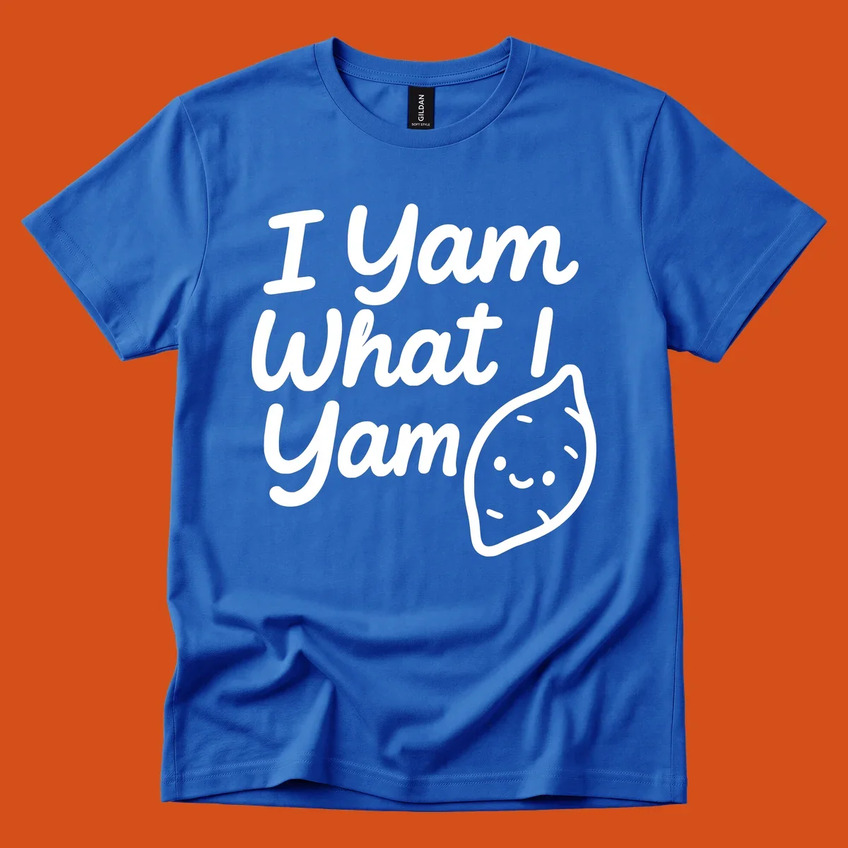 I Yam What I Yam Thanksgiving design with a cute sweet potato illustration and text.