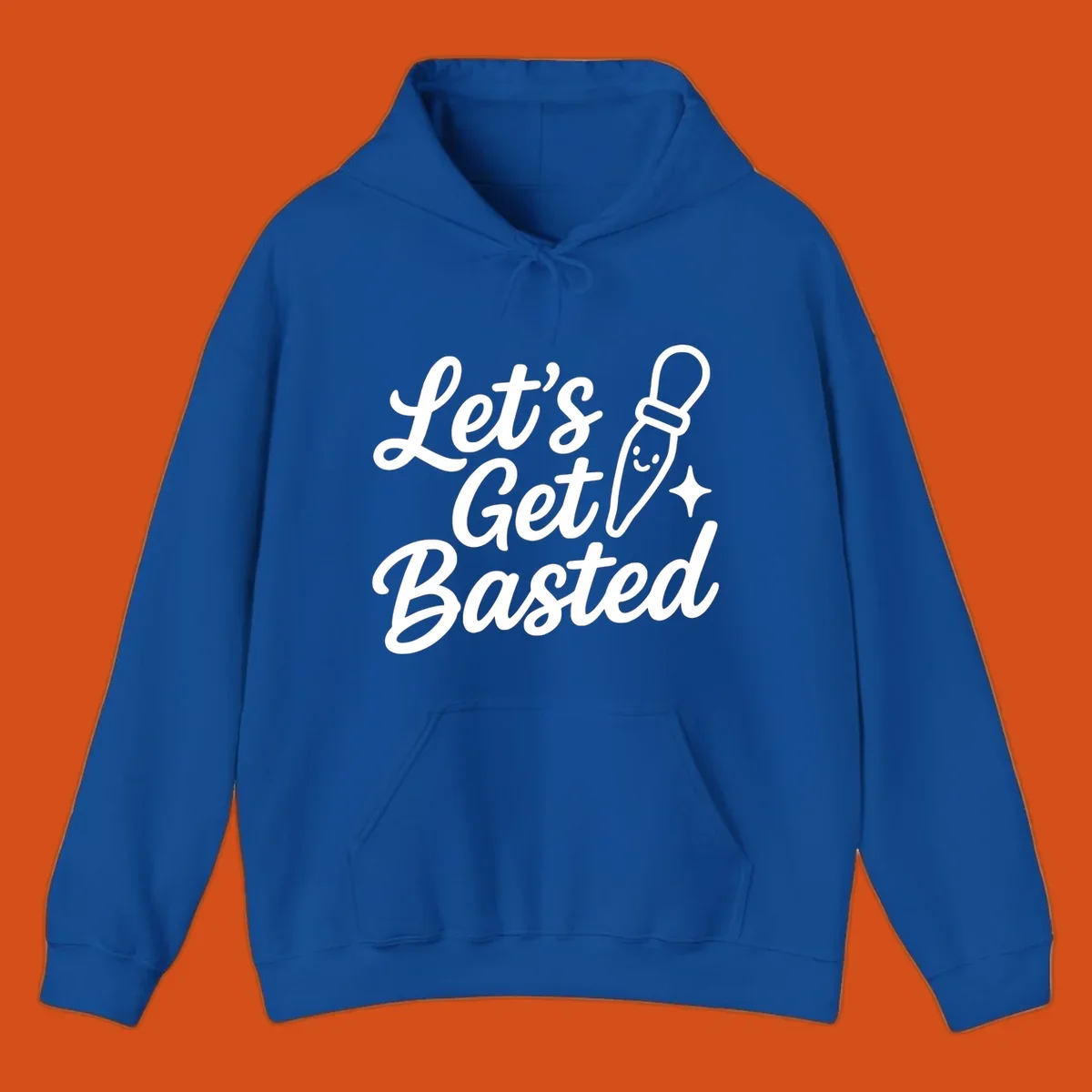 Lets Get Basted text with a cute turkey baster illustration. holiday food humor.