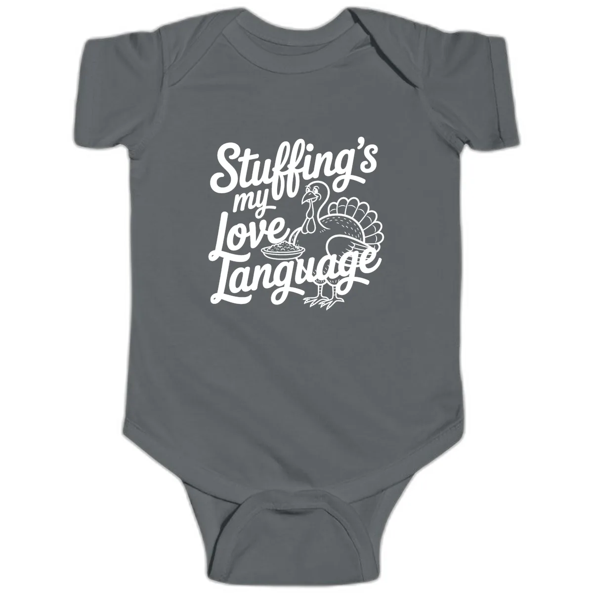 Stuffing My Love Language Turkey Baby Onesie in Charcoal