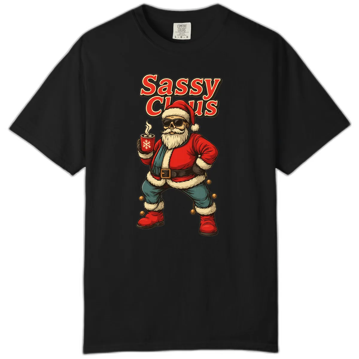Sassy Claus With Coffee Mug Comfort Color in Black