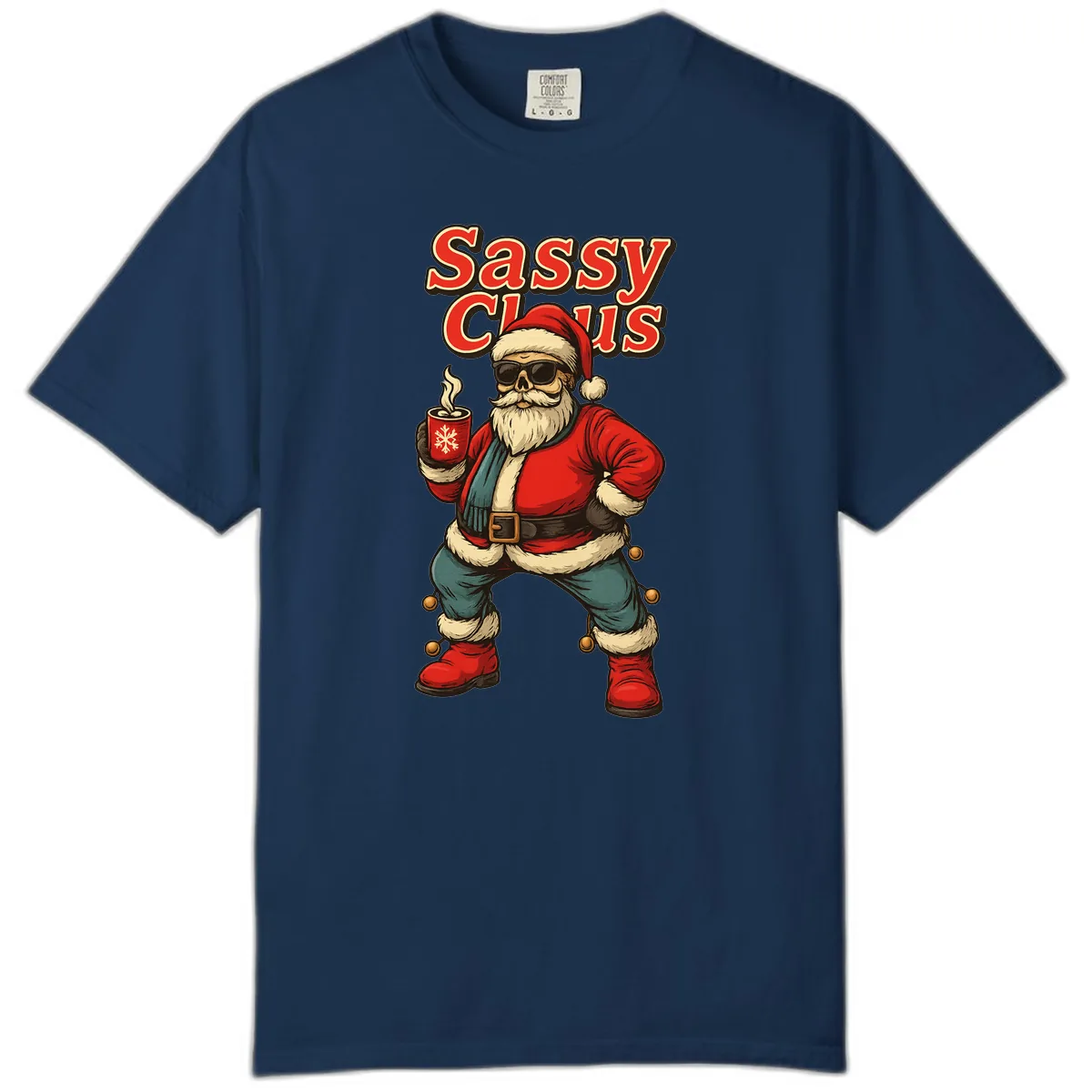 Sassy Claus With Coffee Mug Comfort Color in Navy