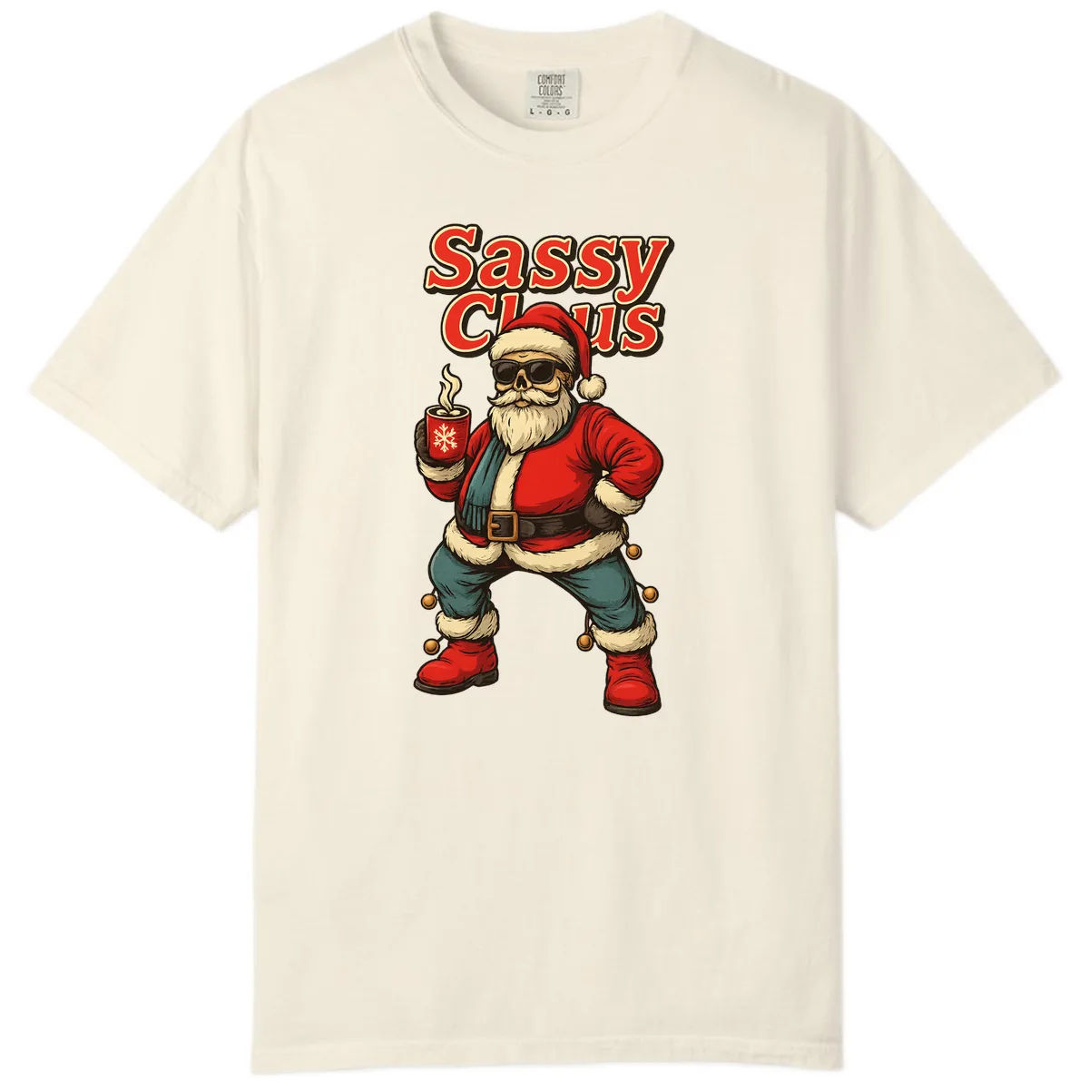 Sassy Claus With Coffee Mug Comfort Color in Ivory