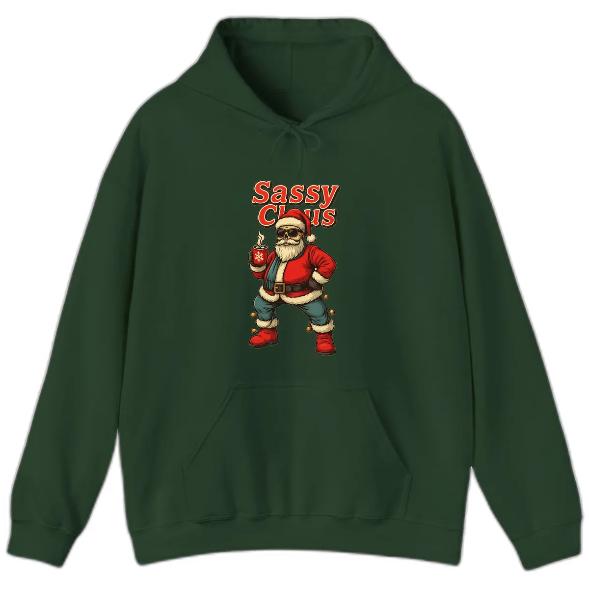 Sassy Claus With Coffee Mug Hoodie in Forest Green