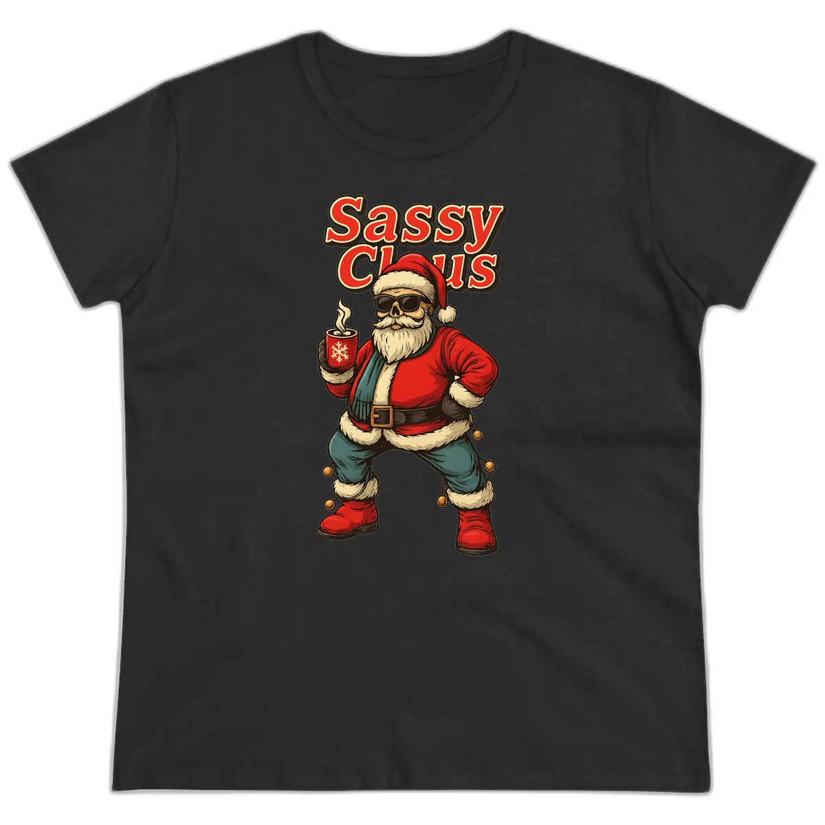 Sassy Claus With Coffee Mug Ladies Tee in Black